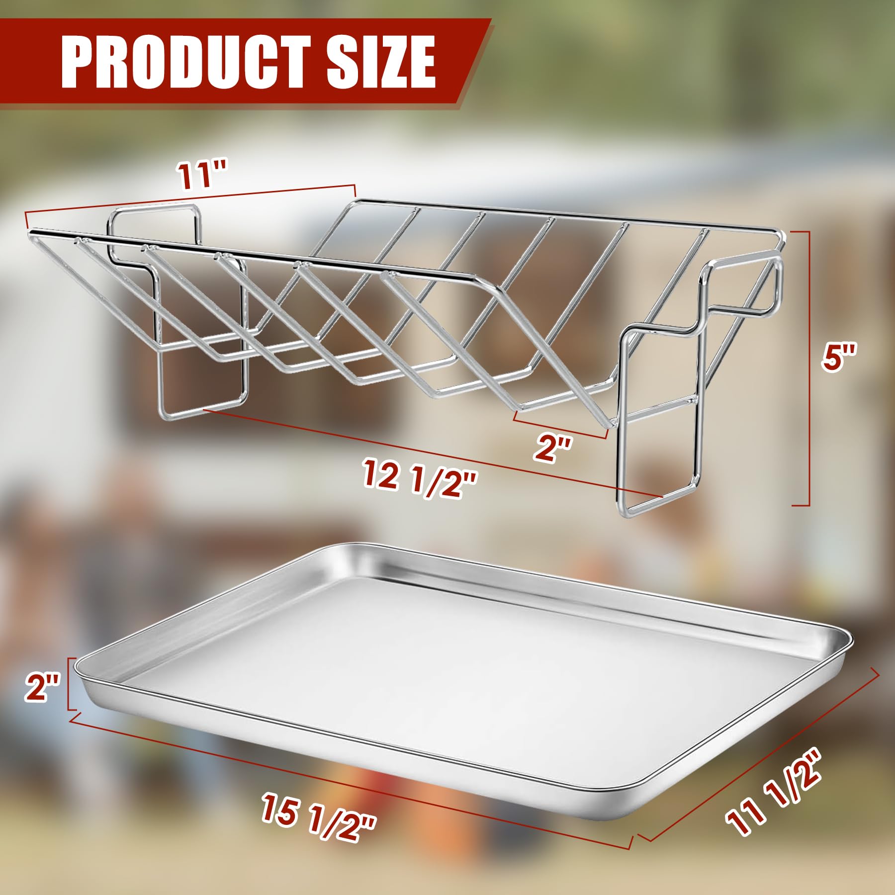 KEESHA Turkey Roasting Rack, 304 Stainless Steel V Rack for Roasting Turkey and Rib 13''x11'' Multi-use BBQ Rib Rack for Big Green Egg and Kamado Joe, with 16'' x12'' 304 Stainless Steel Roasting Pan