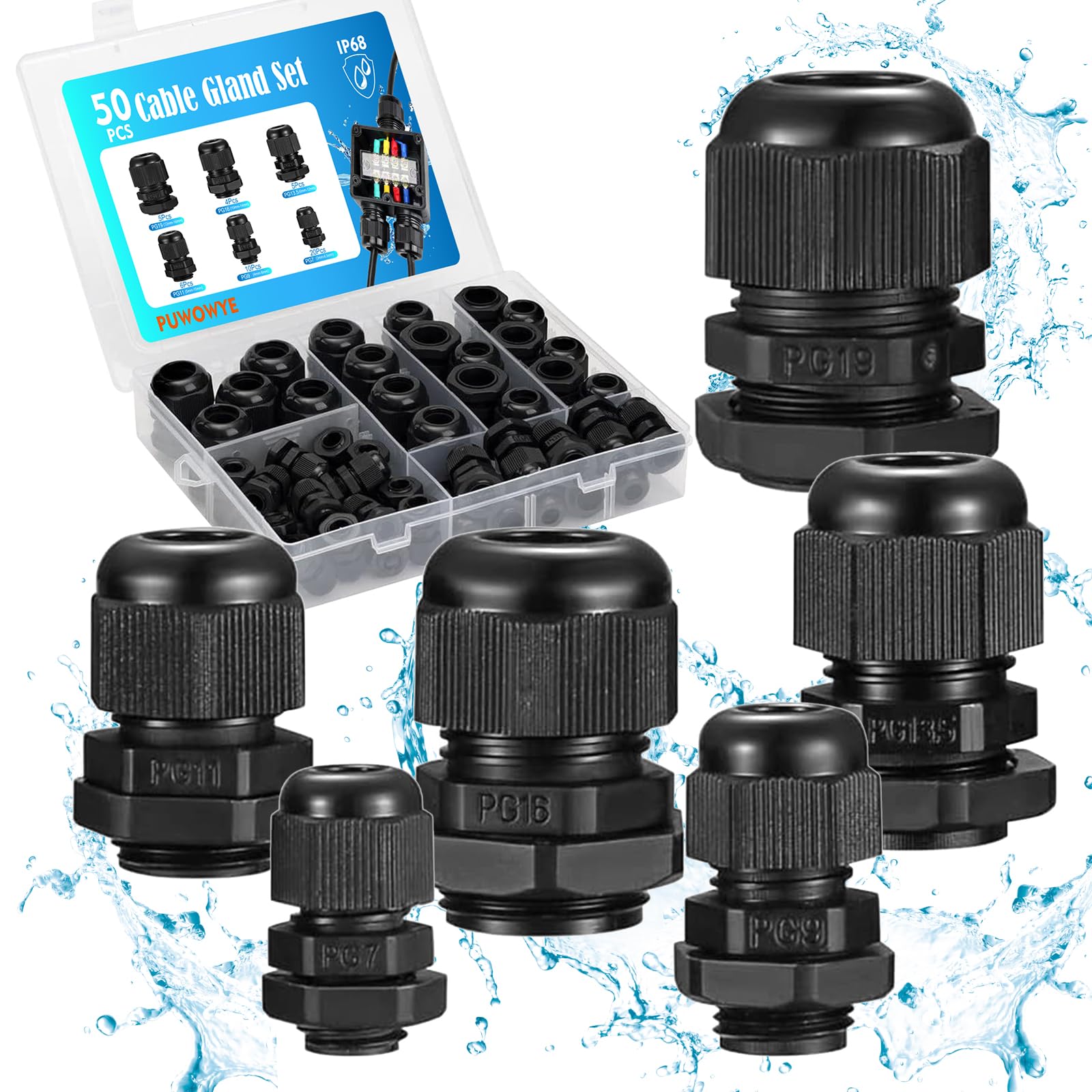 PUWOWYE 50 Pezzi Passacavo Impermeabile IP68, Connettori Pressacavi PG7 PG9 PG11 PG13,5 PG16 PG19 con Cavo Flessibile Regolabile, Pressacavi Elettrici per Casa, Giardino, Illuminazione Estern