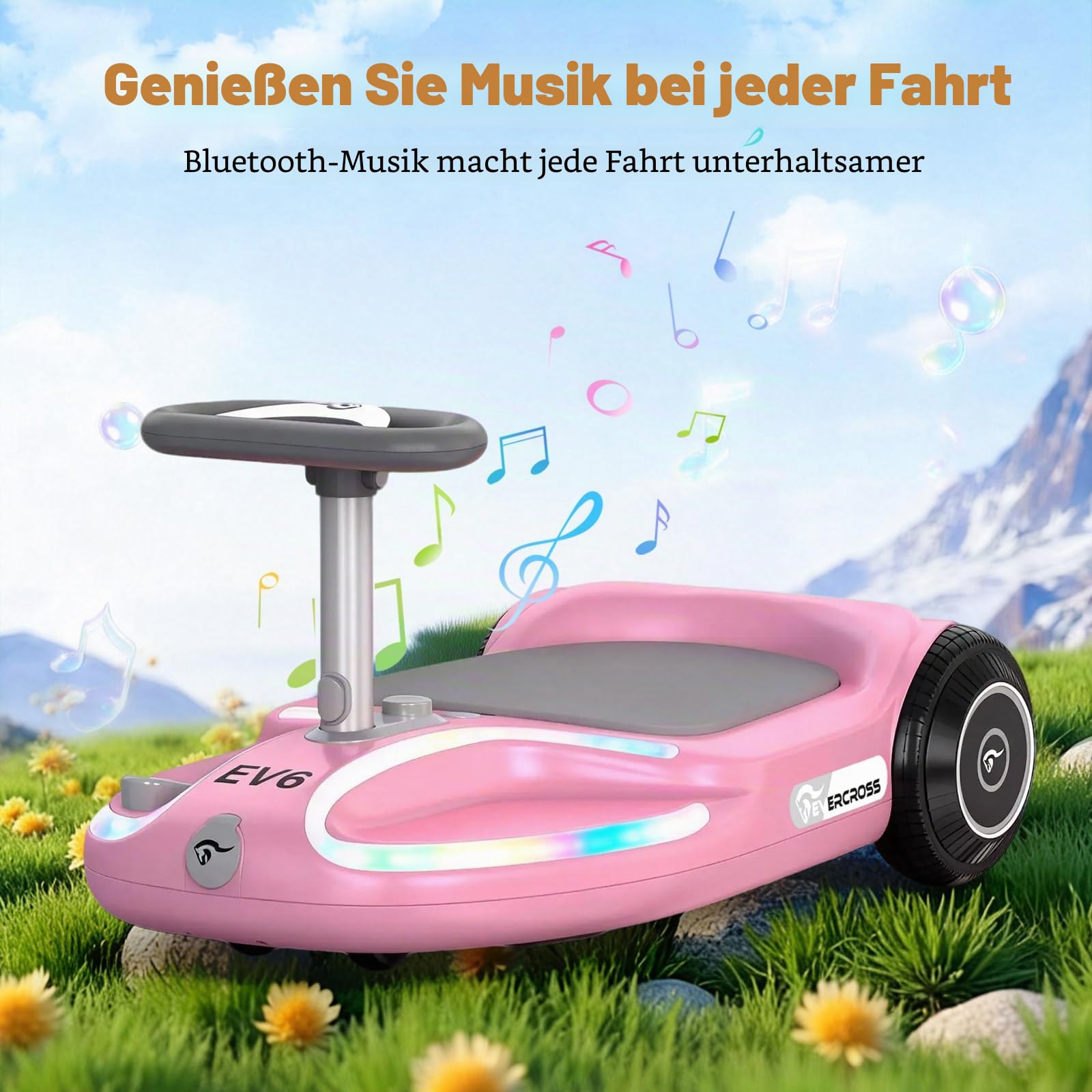 EVERCROSS EV6 Kinder Elektroauto, 4-in-1 Rutschauto mit Pedal, Wiggle Car mit 90W Motor, LED-Lichter & Bluetooth Musik, 360° Lenkung, Klappbar Kinderauto Elektrisch für Jungen & Mädchen