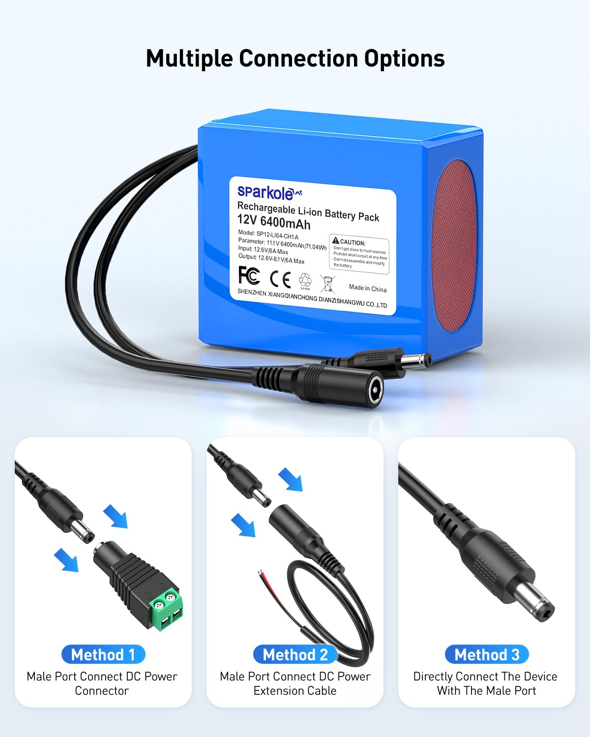 Batería recargable de iones de litio de 12 V 6400 mAh con cargador, cables desnudos, paquete de batería de 12 V DC5521 puerto para tira LED, router, radio, cámara CCTV, proyecto de bricolaje, panel
