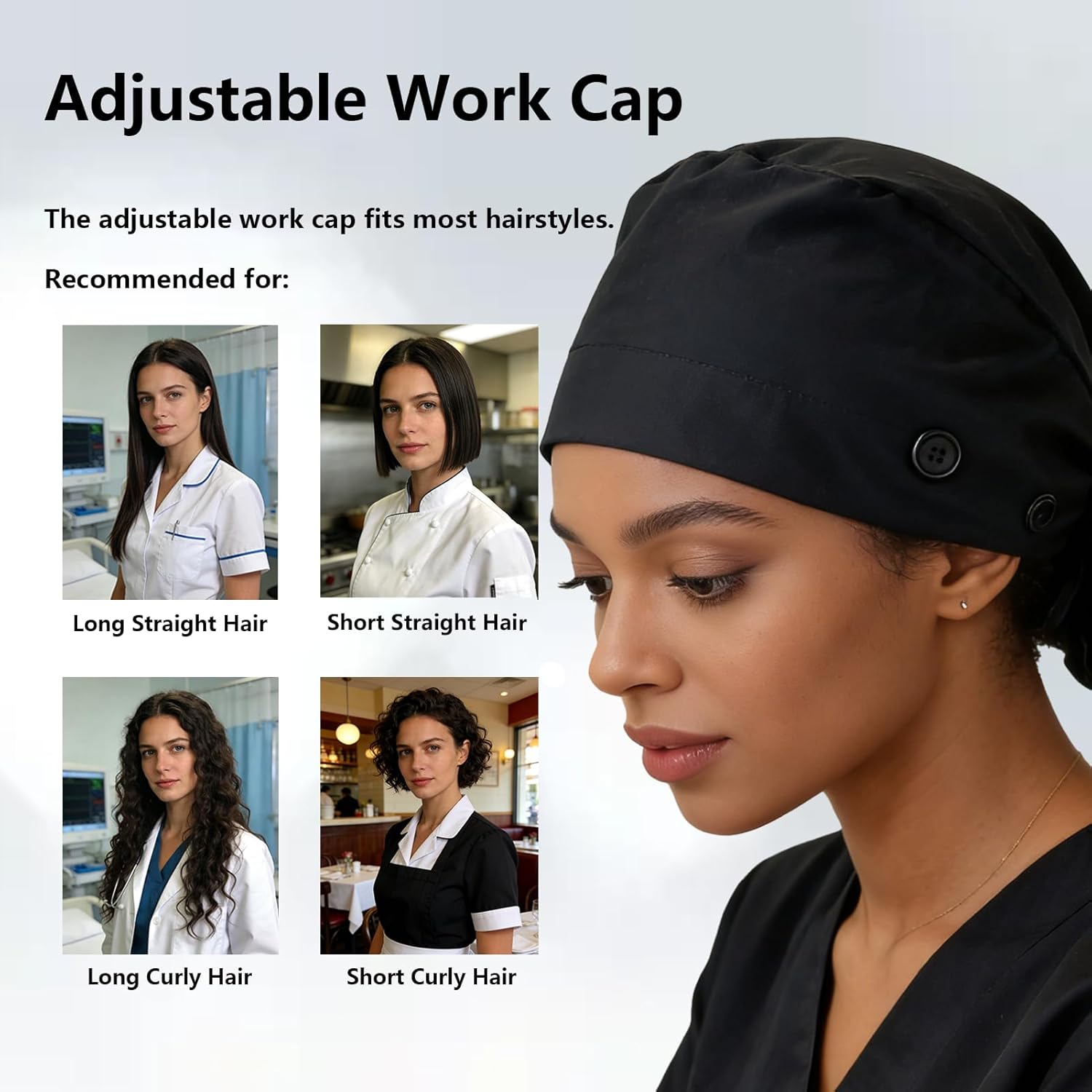 Black Nurse Hat Chef Hat for Women, Double-Layer Cotton Liner Scrub Caps Women Adjustable Elastic Tie Back Satin Lining Nurse Caps for Women Sweatband Hair Cover for Work&Surgical Caps Women