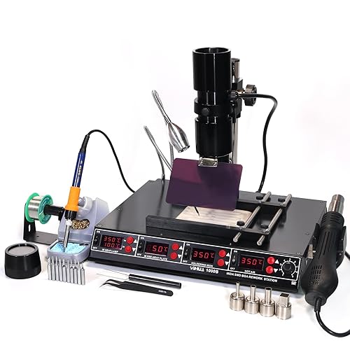 YIHUA 1000B - Estación 4 en 1 - IR Infrarrojo BGA, Precalentador, Estación de Soldadura y Estación de Retrabajo de Aire Caliente, más un Sensor de Temperatura, pantalla ºC/°F, Soporte de PCB, Lámpara LED y más.