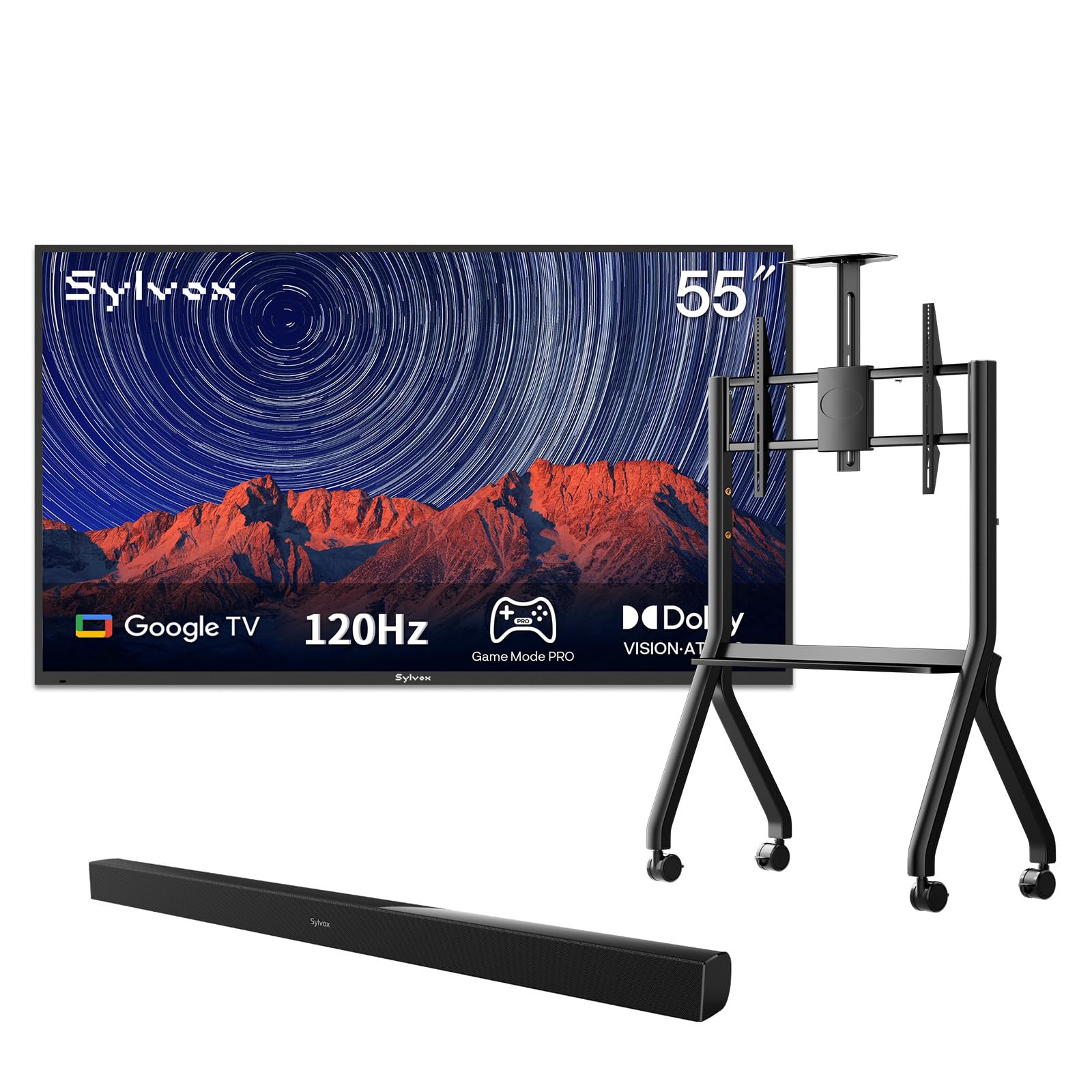 SYLVOX Outdoor TV with Rolling Stand Soundbar 55 inch 120Hz 4K Smart TVs Weatherproof IP55 Waterproof Compatible with