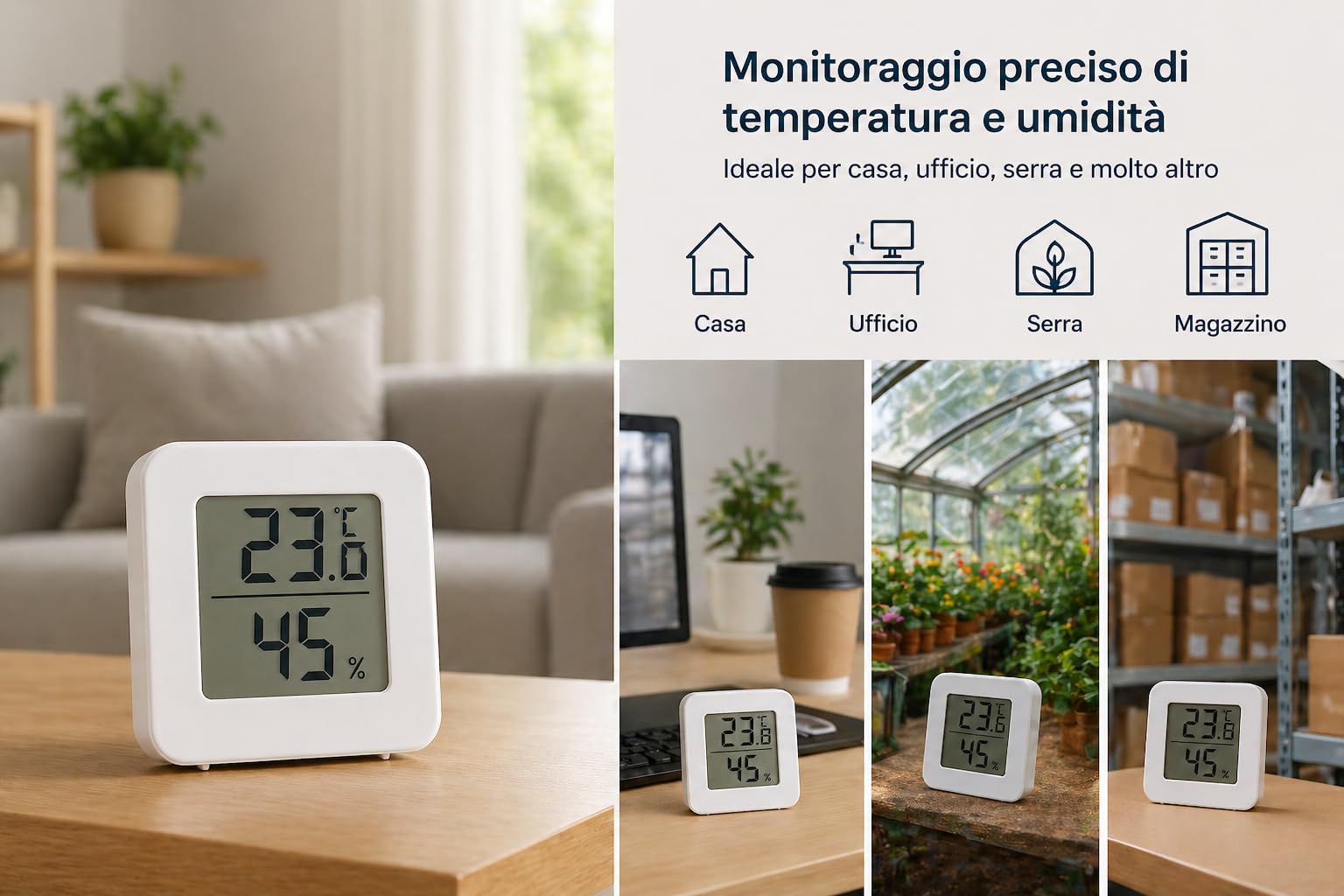 Igrometro Termometro Digitale LCD per Interni – Monitor Temperatura e Umidità, Alta Precisione, Ideale per Casa, Ufficio, Serra e Stanza, Colore Bianco