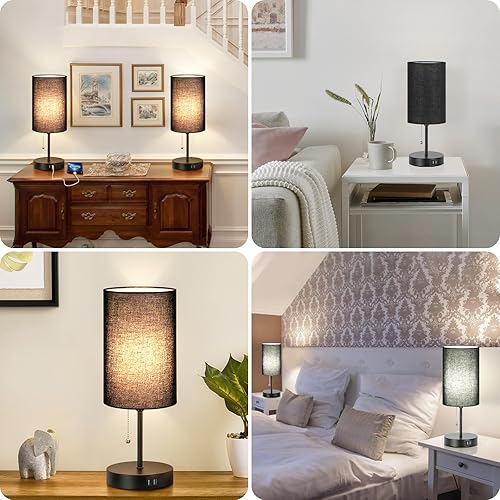 Miniatura 7 de Juego de 2 lámparas de mesa con 2 puertos USB, lámparas de noche para dormitorios, modernas lámparas de mesita de noche con cadena de tracción,