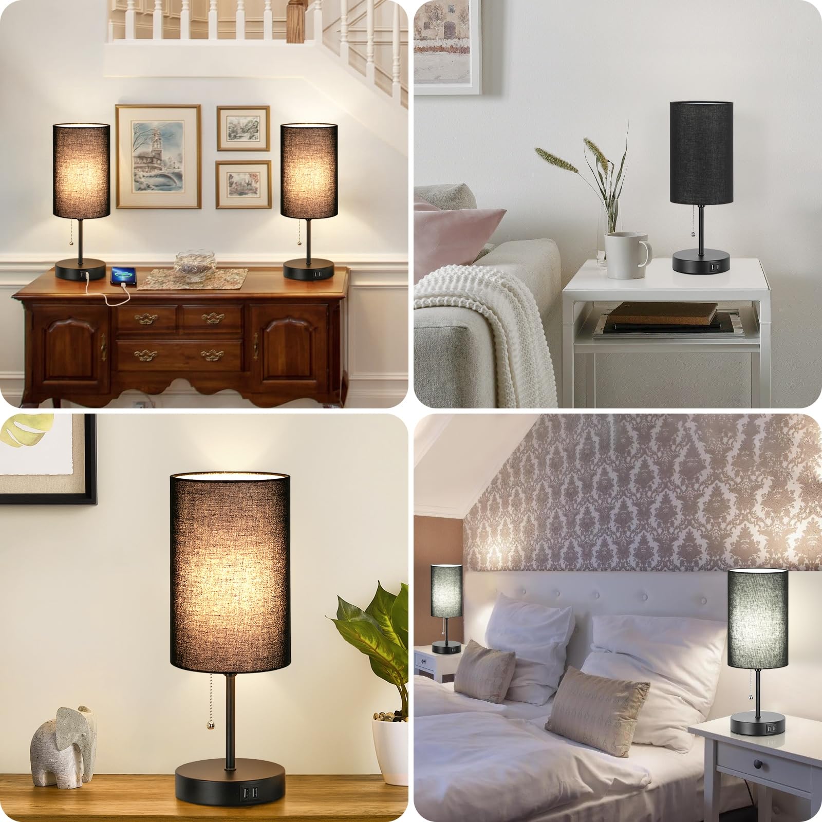 2er Set Tischlampen mit 2 USB-Anschlüssen, Nachttischlampen für Schlafzimmer, Moderne Nachttischlampen mit Zugkette, Minimalistische Schreibtischlampen mit schwarzem Stoffschirm und Metallsockel für
