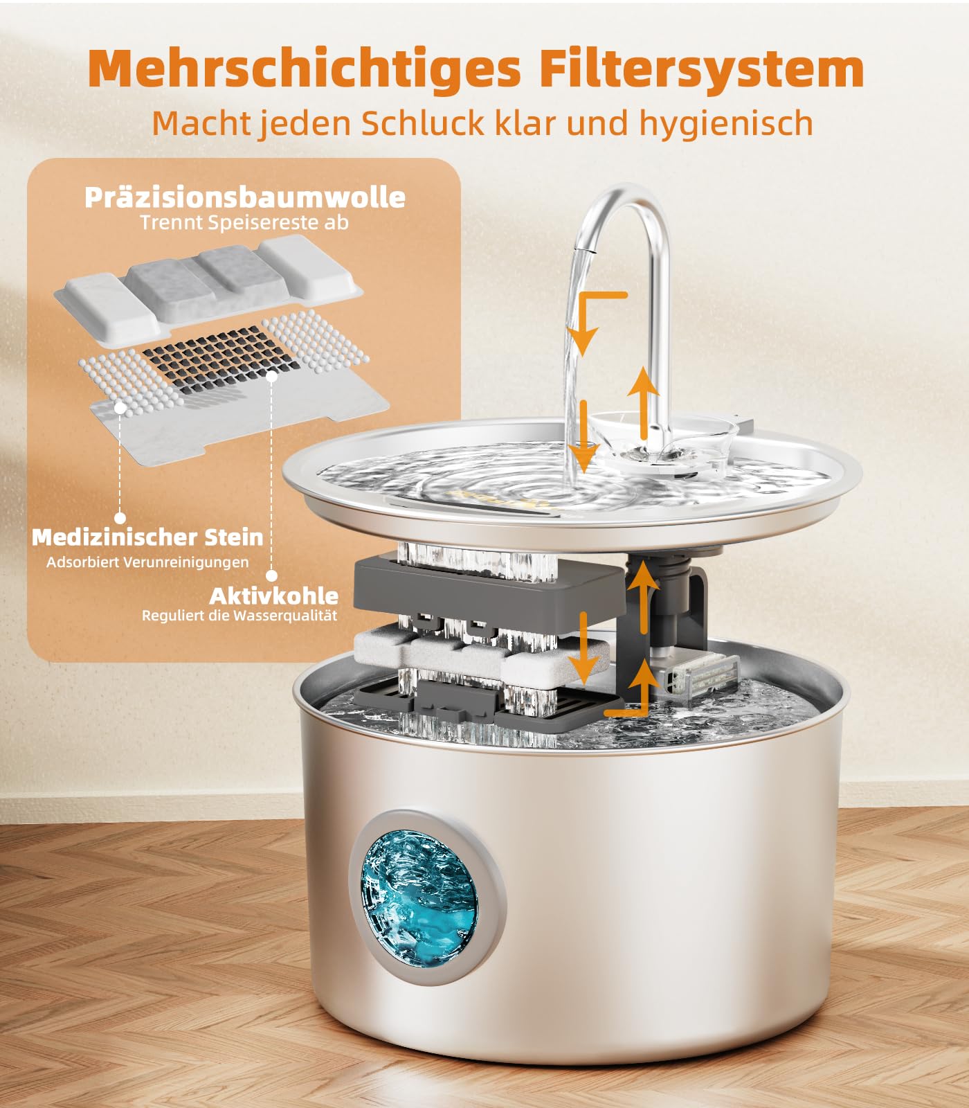 3.2L Katzenbrunnen Edelstahl mit 3 Filtern Trinkbrunnen für Katze Katzenbrunnen für Katzen mit Wasserstandsfenster Ultra leise Wasserbrunnen für Katzen Cat Water Fountain mit LED Licht