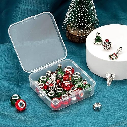 Miniatura 3 de KISSITTY Juego de 36 cuentas europeas de Navidad de 4 a 0.197 in, cuentas de aleación y vidrio con agujero grande, cuentas de Rondelle facetadas