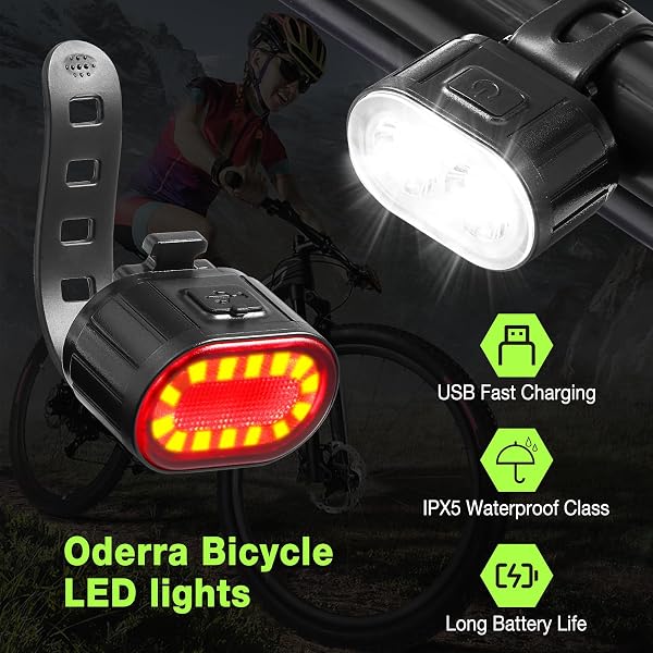 Oderra Lumiere Velo Avant et Arrière - Lampe Velo LED Puissante Rechargeable USB, 4/6Modes (Fixe/Stroboscopique) Étanche IPX4 - Autonomie Prolongée - pour VTT, Vélo, Skateboard - 3