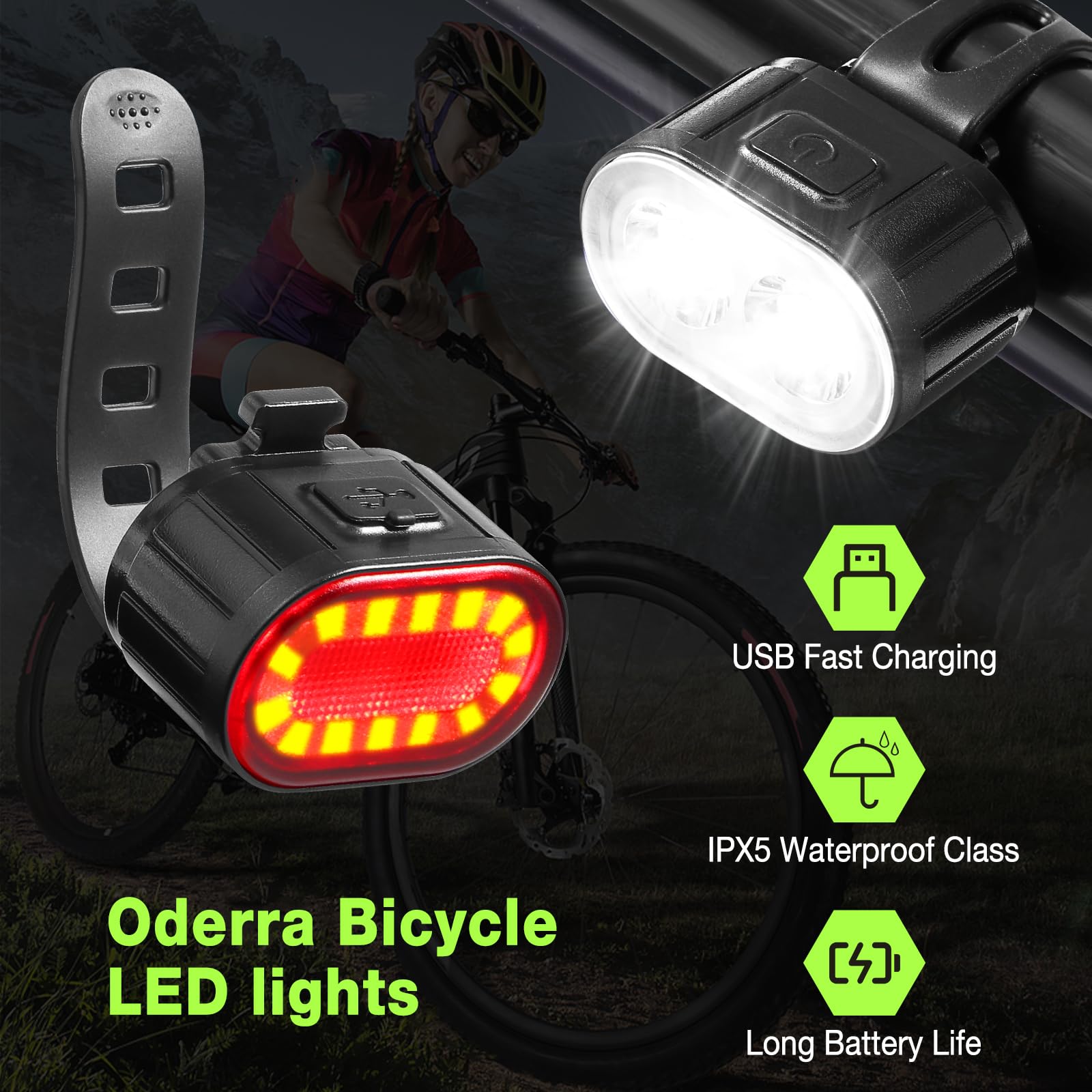 Oderra Luci Bicicletta LED Anteriore e Posteriore USB Ricaricabile IPX4 Impermeabile 4/6 Modalità per MTB Bici Skateboard