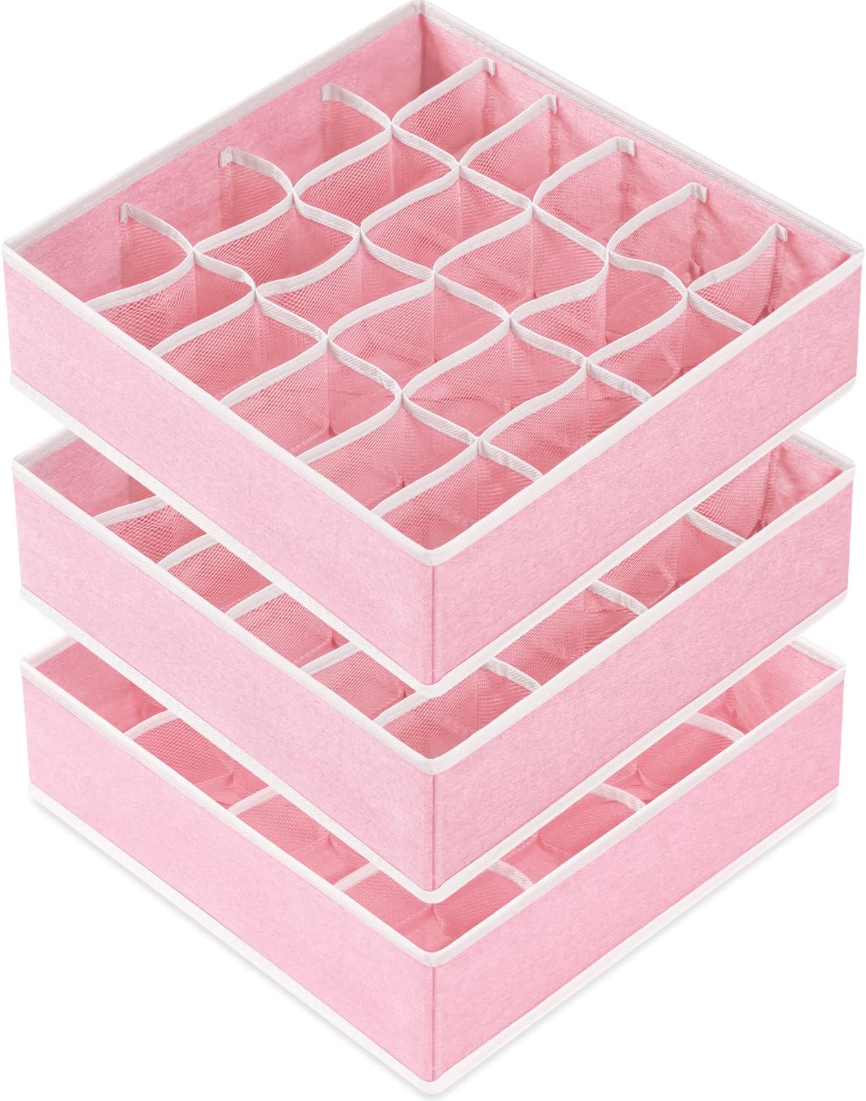 3 Pack Sock Underwear Drawer Organizer Dividers, 64 Cell Fabric Foldable Cabinet Closet Organizers and Storage Boxes for Storing Socks, Panties, Ties (16+24+24 Cell, Pink)