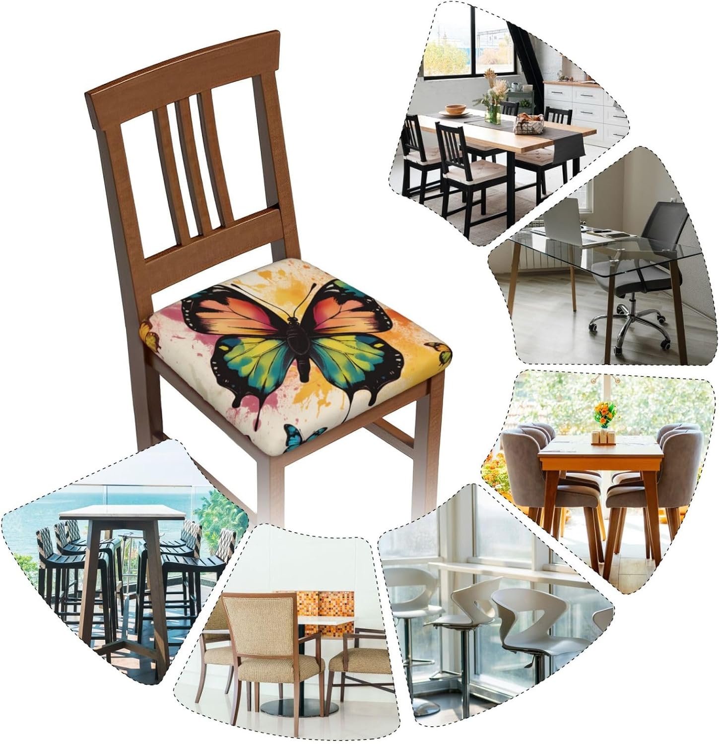 Hand Drawn Color Butterfly Print Square Cushion Covers 6 Pcs Set Elastic Non-Slip Seat Cushion Slipcovers Pet Furniture Protectors for Chair, Sofa