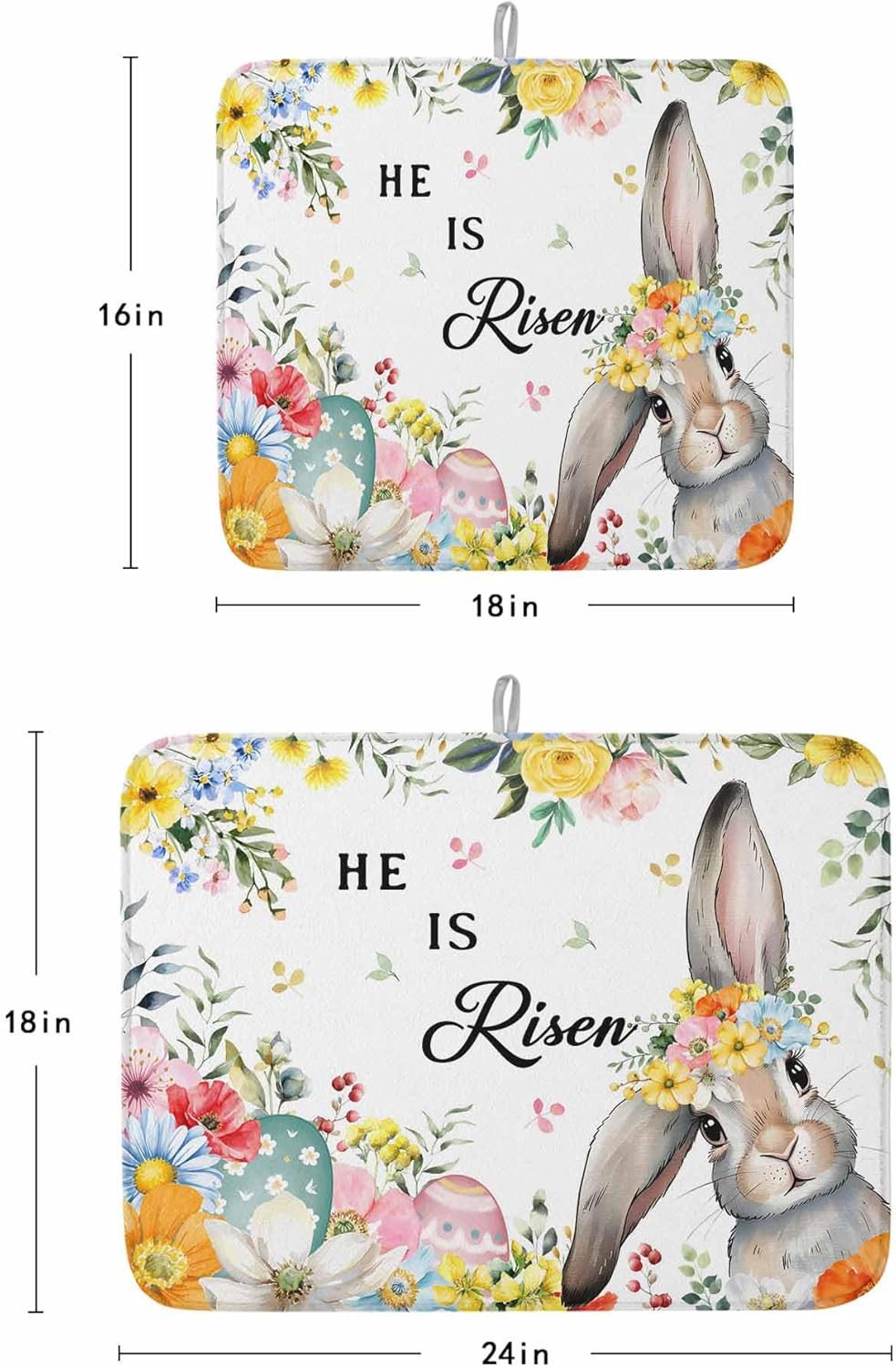 Happy Easter Dish Drying Mat for Kitchen Counter Spring Bunny He Is Risen Yellow Flower Floral Farmhouse Absorbent Microfiber Quick Dry Pad Non Slip Drainer Mats 18x24 Inch, 2 Pack