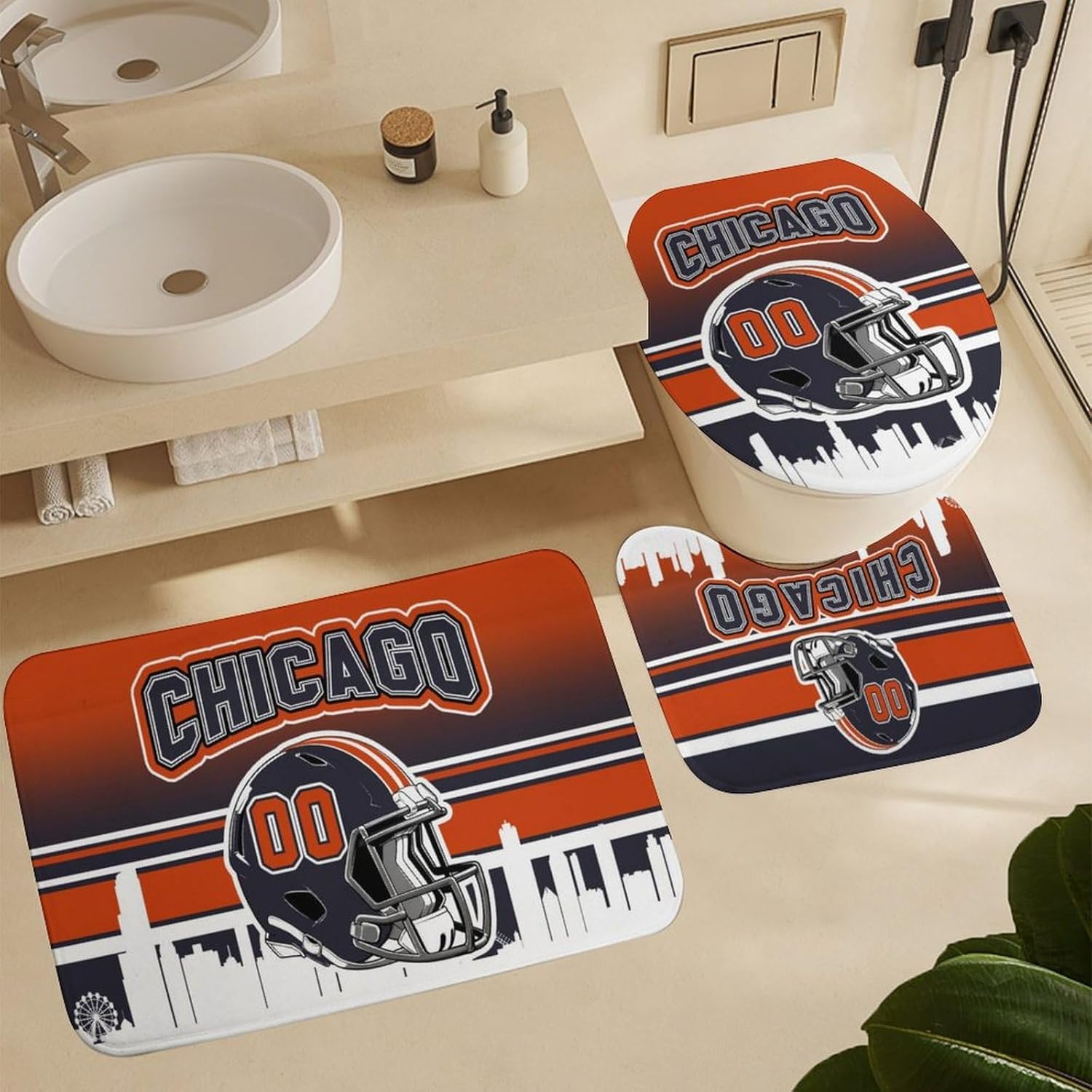 Custom 4PCS Chicago Shower Curtain Set for Bathroom Personalized Name and Number Shower Curtain Bath Mat Toilet Mats for Women Men Teenager Boys 72 Inch X 72 Inch