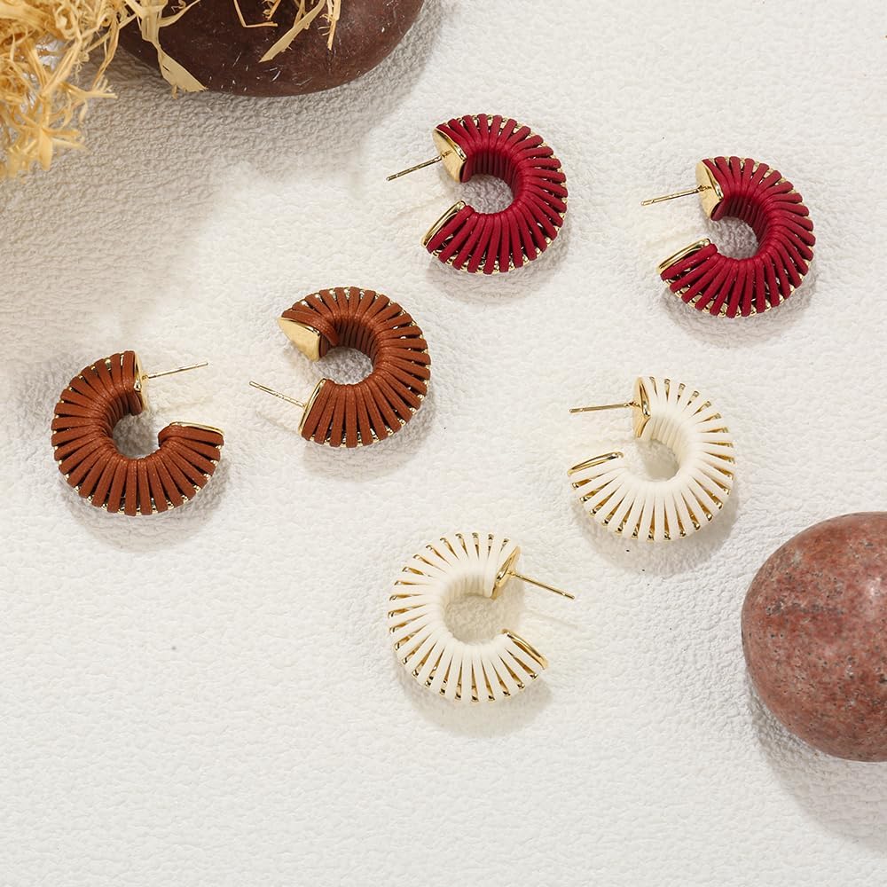 Unique Chunky Hoop Gold Thick Earrings for Women Trendy,PU Leather Handmade Fashion Earring Dainty Statement Pendant Gold Plated Vintage Earrings - Image 6