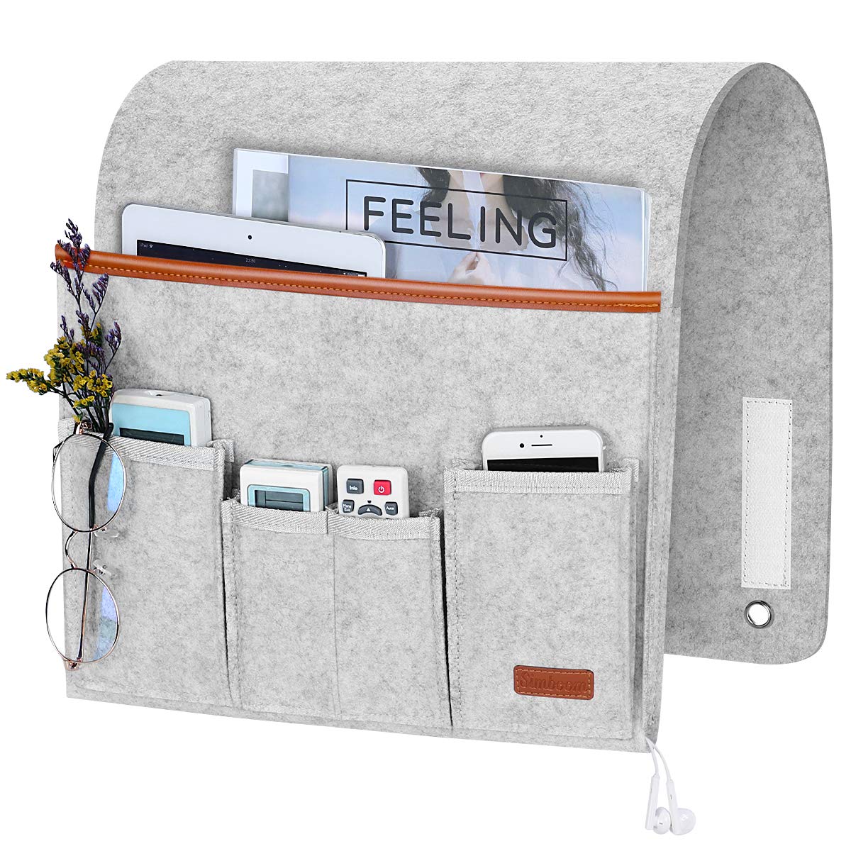 SIMBOOM Sofa Armrest Bag for Armchair Bed Remote Control Holder Organizer with 5 Pockets, Non-Slip with Long Flap and Hook, Light Grey - Image 2