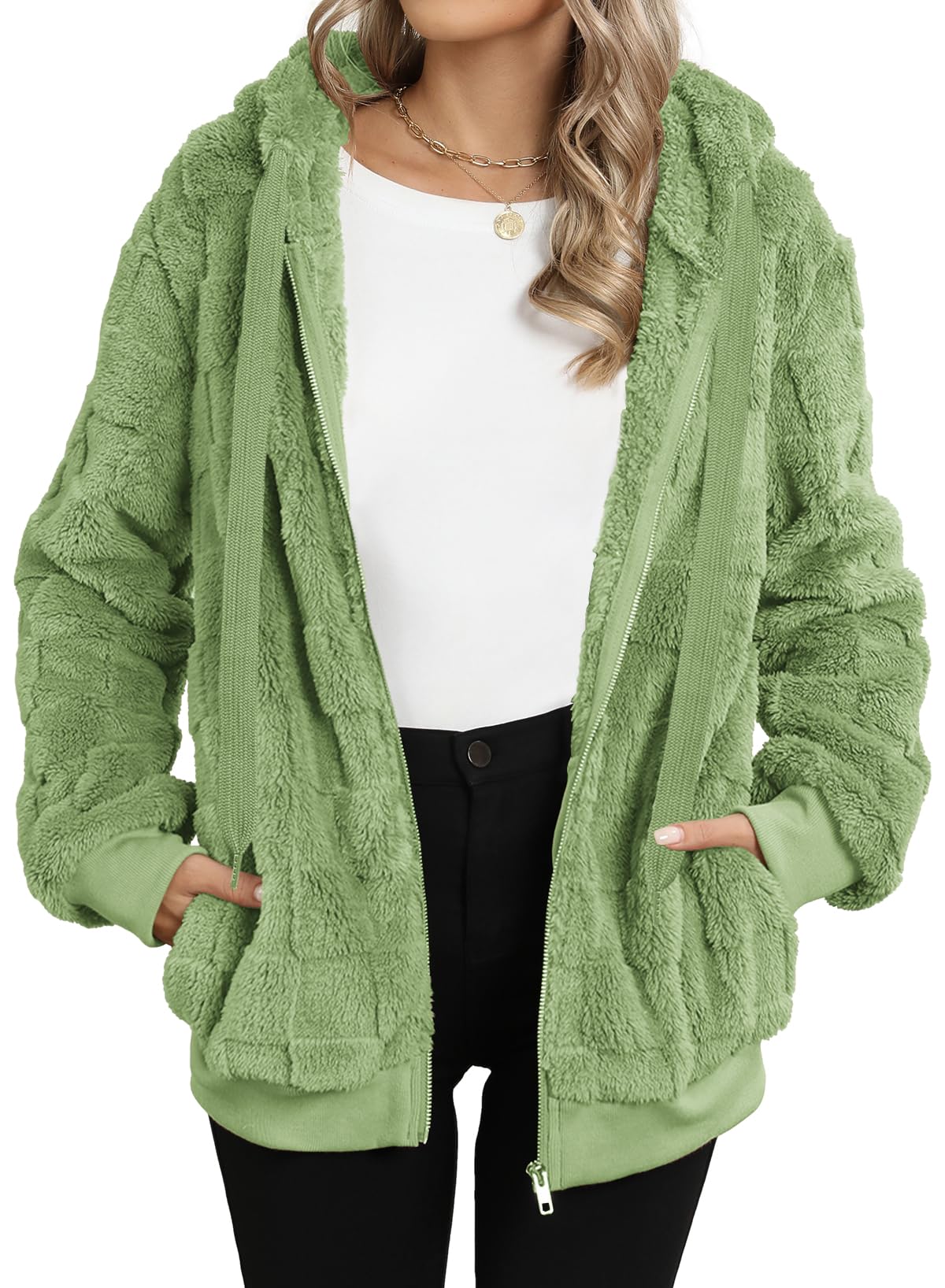 Nirovien Womens Sherpa Jacket Fuzzy Zip Up Hoodie Oversized Fleece Jackets Fluffy Coat with Pockets