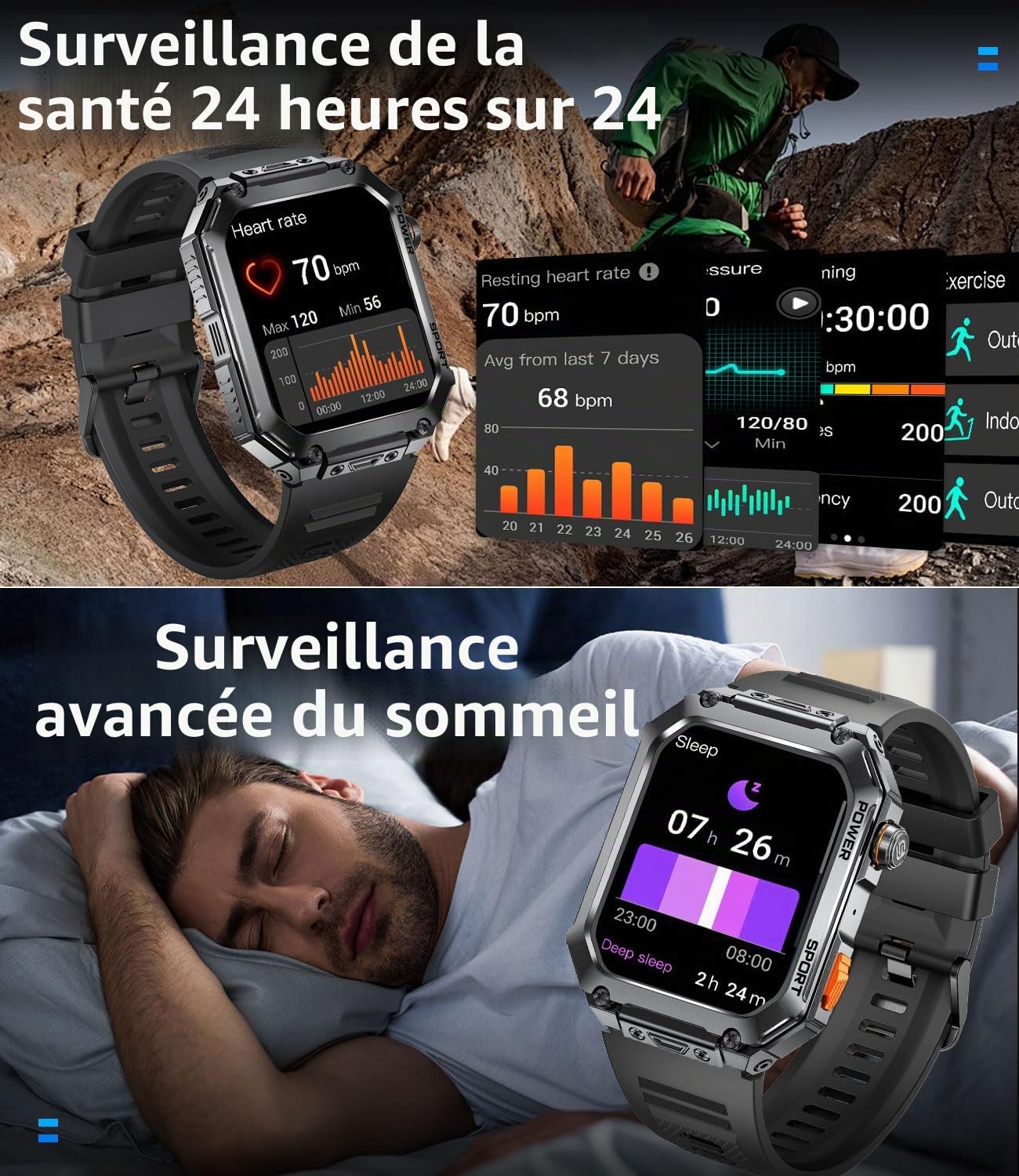 ESFOE Montre Connectée Homme Militaire,1,96" Smartwatch Homme avec Appel Bluetooth |3 Bracelets | 100+ Modes Sportifs|400mAh 5ATM Étanche|Fréquence Cardiaque Podomètre Fitness Tracker Argent Métallisé