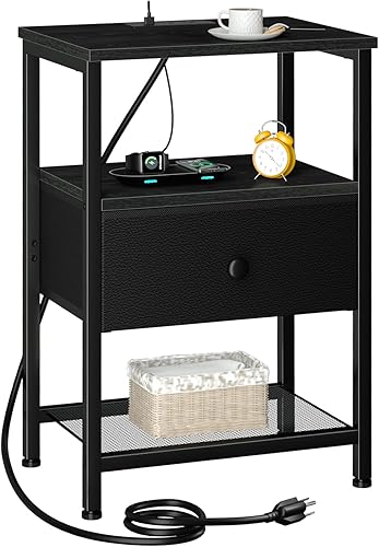 Miniatura 15 de Mesita de noche con estación de carga, mesa auxiliar con 2 cajones de tela, mesita de noche para dormitorio, mesa auxiliar de cama pequeña con