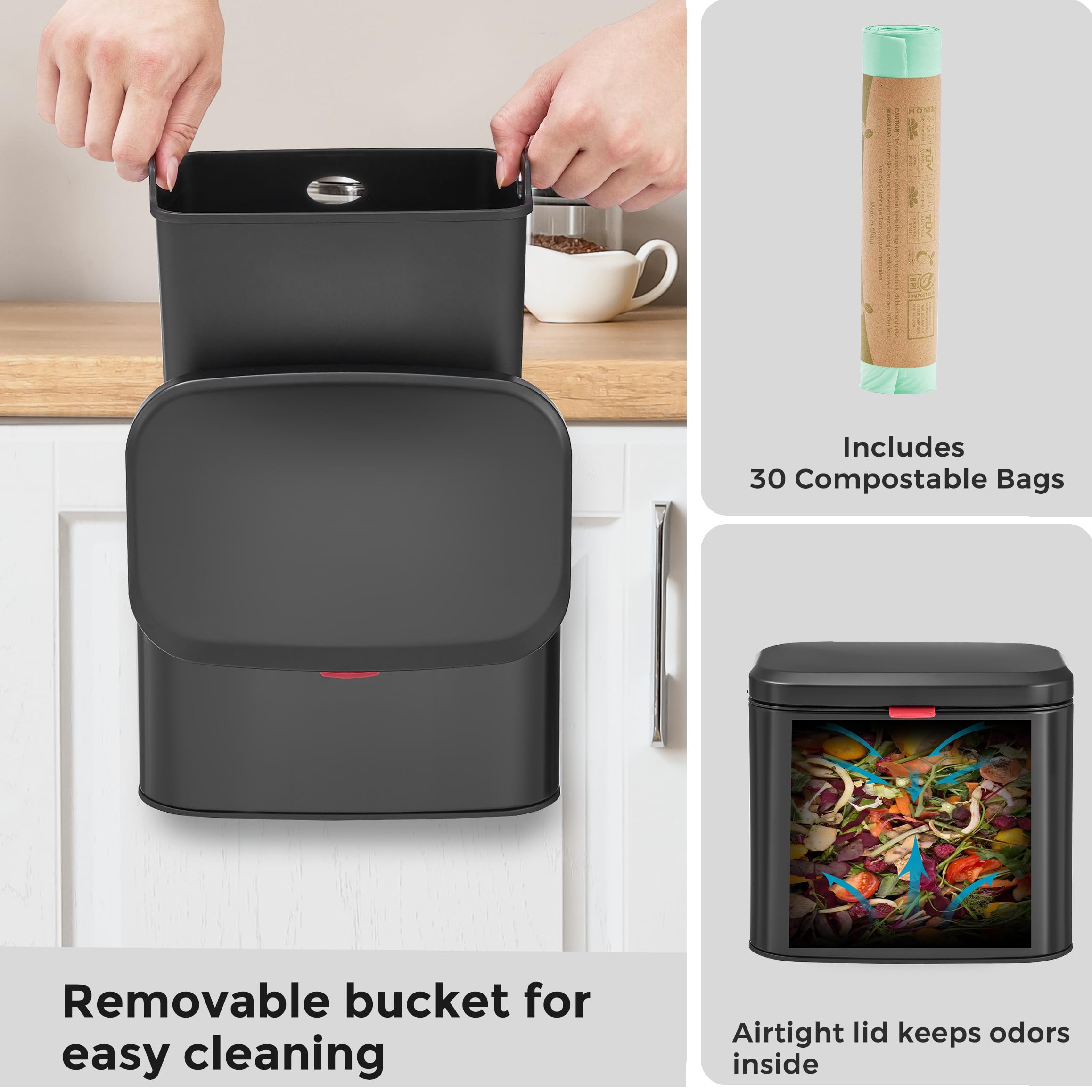 Nunsino Hanging Kitchen Compost Bin 4 Liter / 1.05 Gallon Includes 30 Compostable Bags, Trash Can with Removable Inner Bucket, Stainless Steel, Airtight Lid, Black