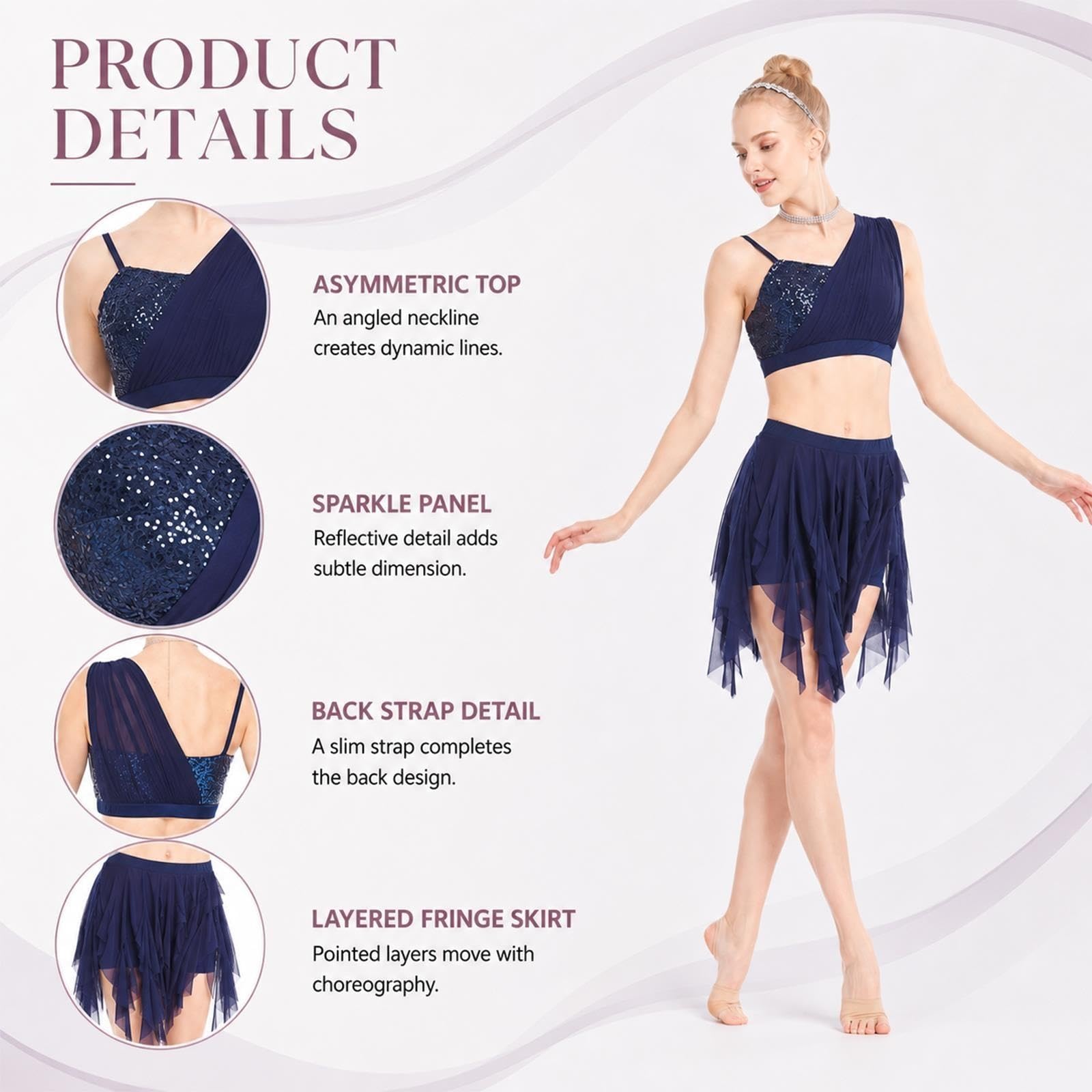 Completo da danza lirica donna e teen, due pezzi blu navy con paillettes