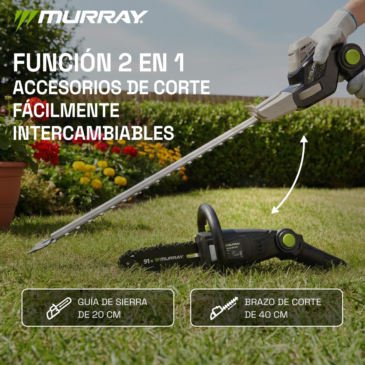 Murray Cortasetos & Motosierra Telescópica 2-en-1 con Batería MU-Bat-MM-CSHT-Kit – 20V, 3Ah, Hoja de Corte 40 cm, Guía de Sierra 20 cm, Sistema SDS, Inclinable, Alcance 330 cm