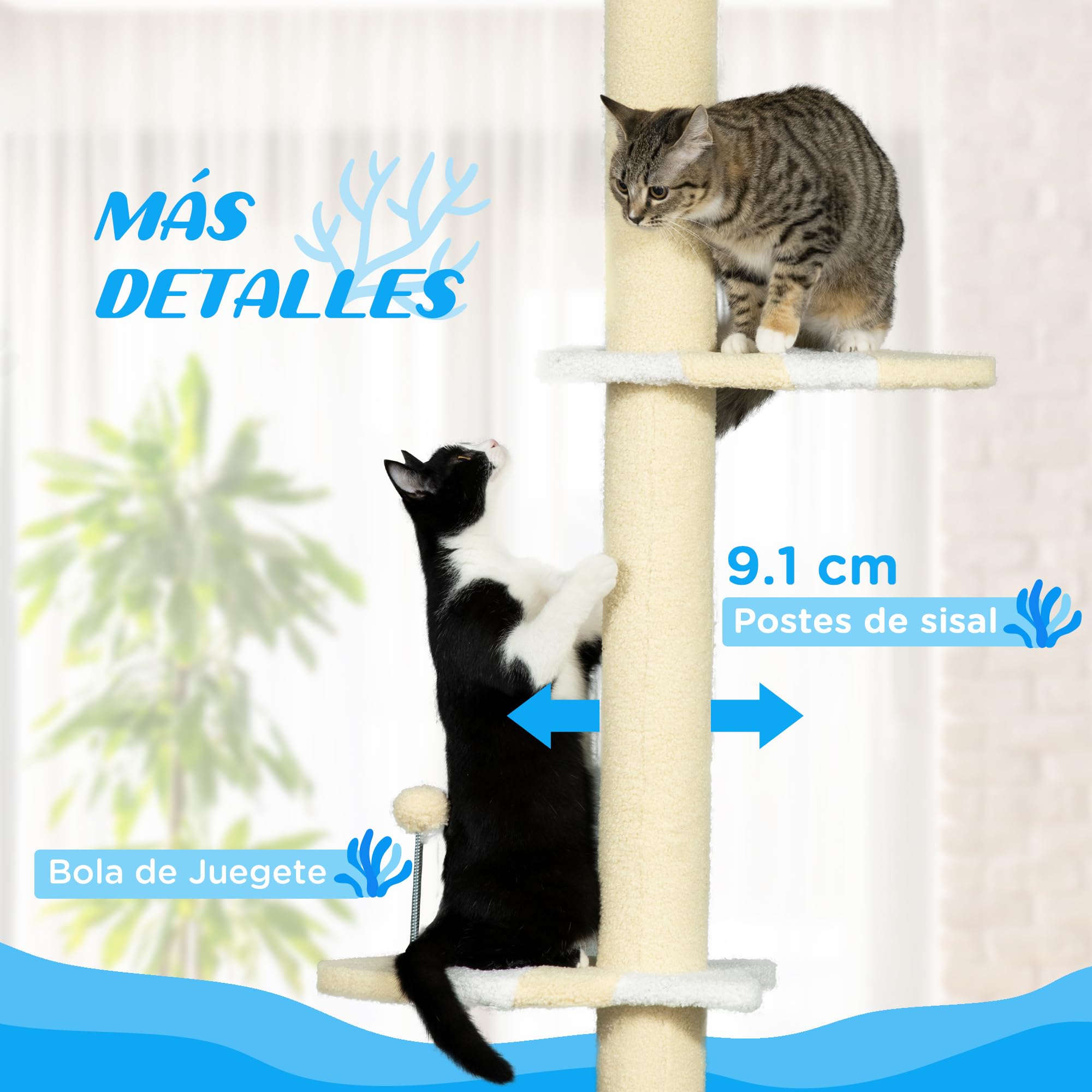 PawHut Árbol para Gatos del Suelo al Techo 220-260 cm Rascador Amarillo | Rascador para Gatos, 3 Plataformas, Poste Altura Ajustable, Escalador de Sisal, Bola para Jugar, 47x34x220-260 cm