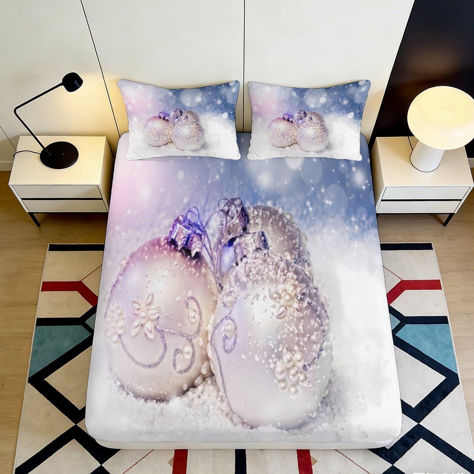3D Printed Snowy Christmas Ornament Fitted Sheet Microfiber Soft Bed Sheet for Bedroom Guest Room Decor Protection 90x200x25cm