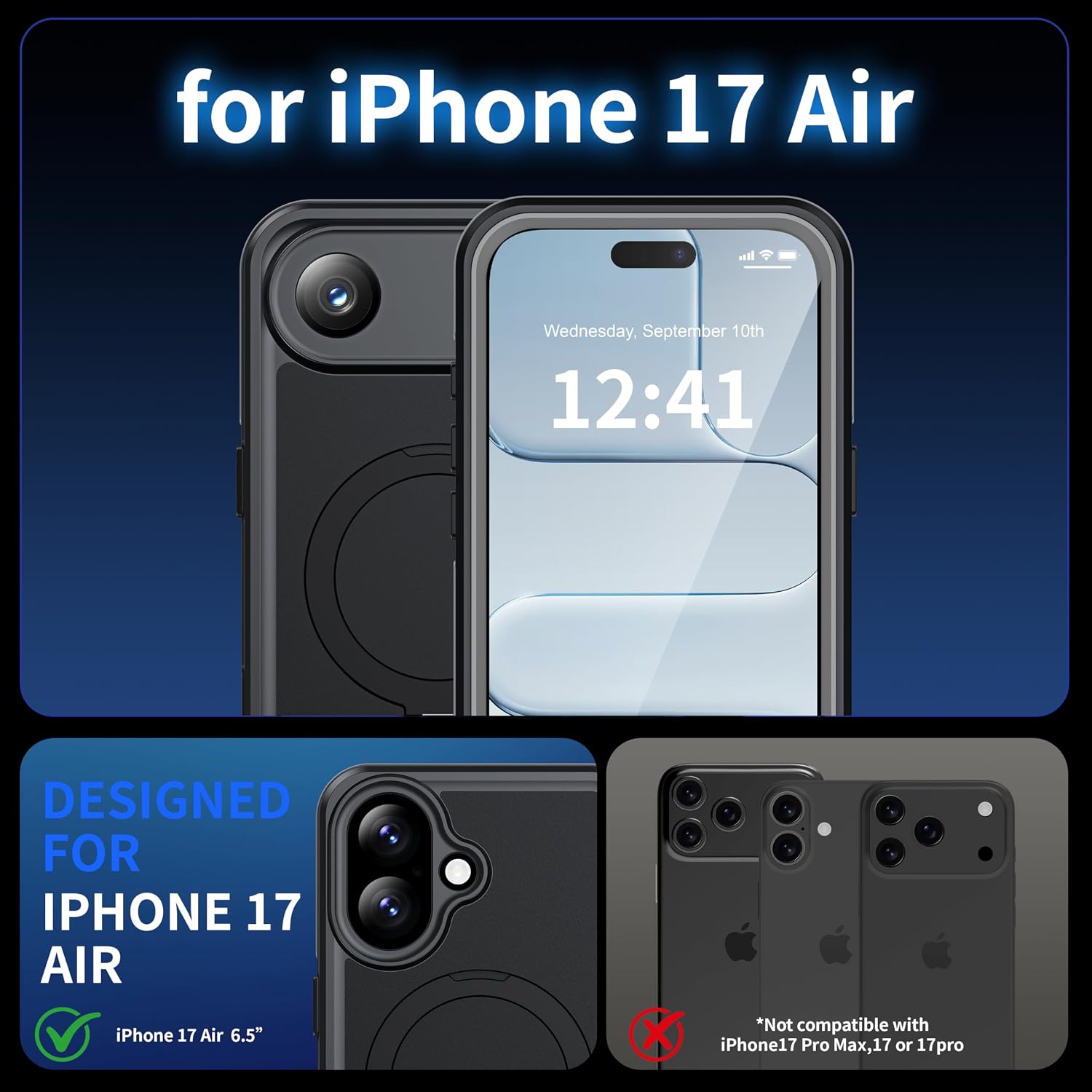 ANTSHARE Magnetic for iPhone Air Case Waterproof, Built in Screen Protector [Compatible with MagSafe] [Invisible Stand] [IP68 Underwater], Full Body Protection Phone Case 6.5'', Black