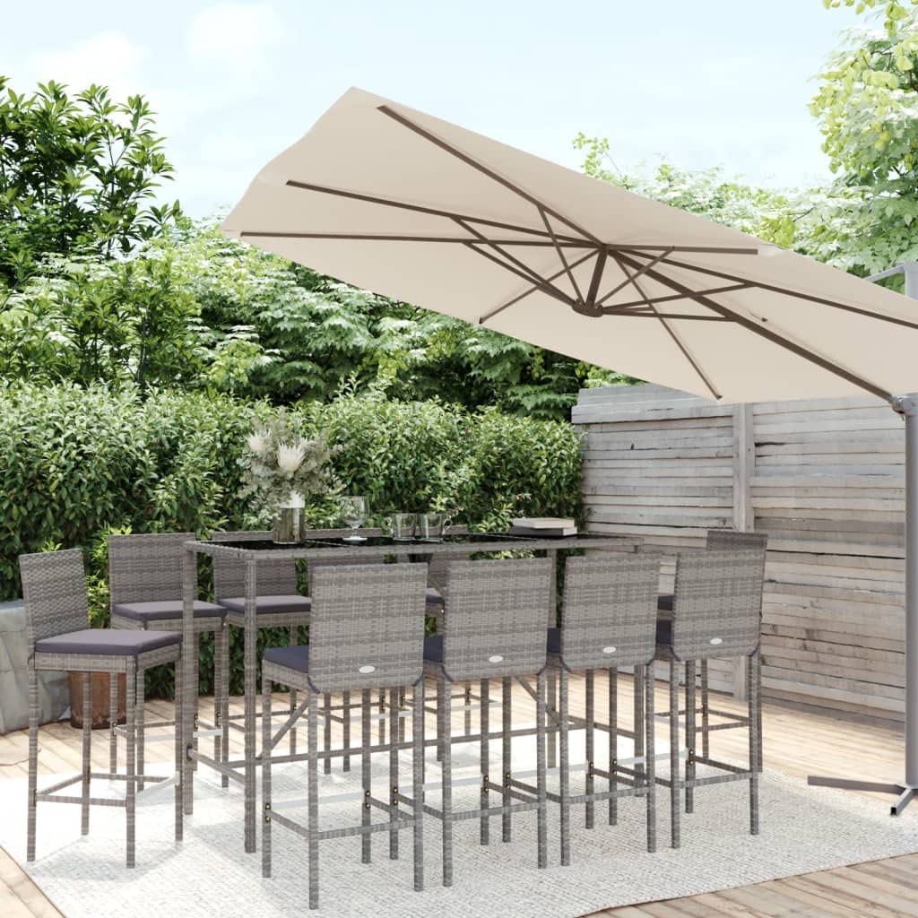 vidaXL Ensemble de Bar de Jardin 11 pcs avec Coussins Gris Poly rotin, Ensemble de Table de Bar, Table et Chaise de Bar, Ensemble Table de Bar et Tabouret