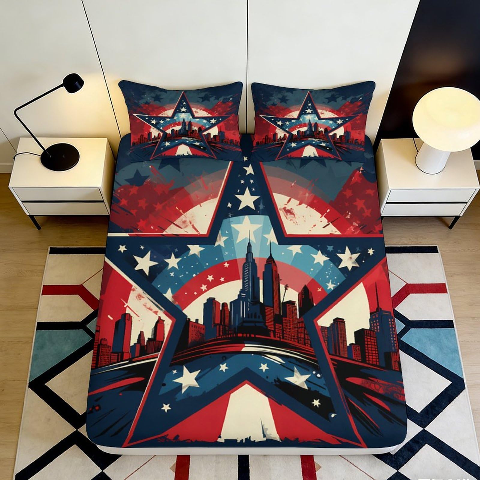 3D Printed Cityscape Star Fitted Sheet Microfiber Non-Slip Deep Pocket Bedroom Bedding Urban Mattress Fitted Cover for Adults 200x200x25cm