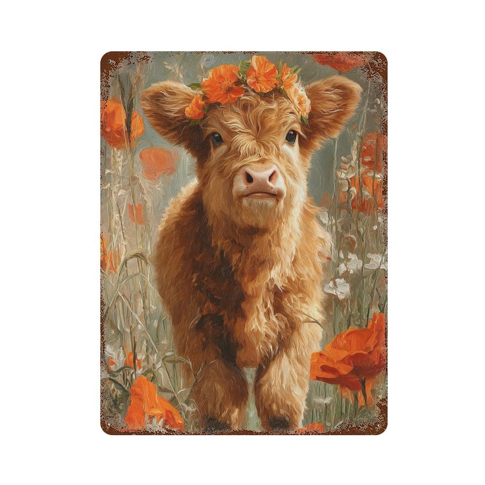 Floral Cow in Field -2 Rust Effect Tin Sign 15.7"x11.8", for Farmhouse, Kitchen And Entryway Decor, Decorative Metal Wall Art