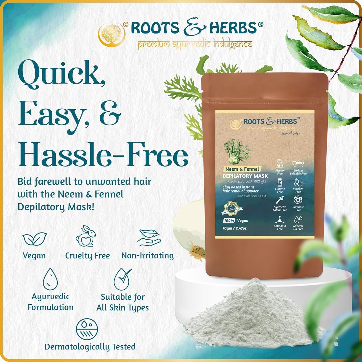 Roots and Herbs Neem - Maschera per depilazione al finocchio, per donne e uomini, gambe, ascelle, petto, con erbe ayurvediche per tutti i tipi di pelle, 470 ml (confezione da 1)