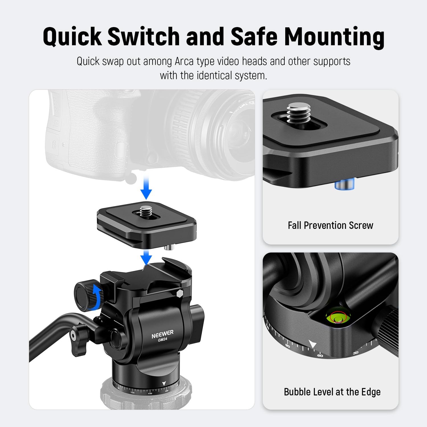 NEEWER Testa Fluida per Treppiede con Piastra Sgancio Rapido e Maniglia, Adattatore Treppiede Fotocamera Pan. Incli. Compatibile con Arca Swiss per Videocamere DSLR Compatte, Max 3kg, GM24 Tutto Nero