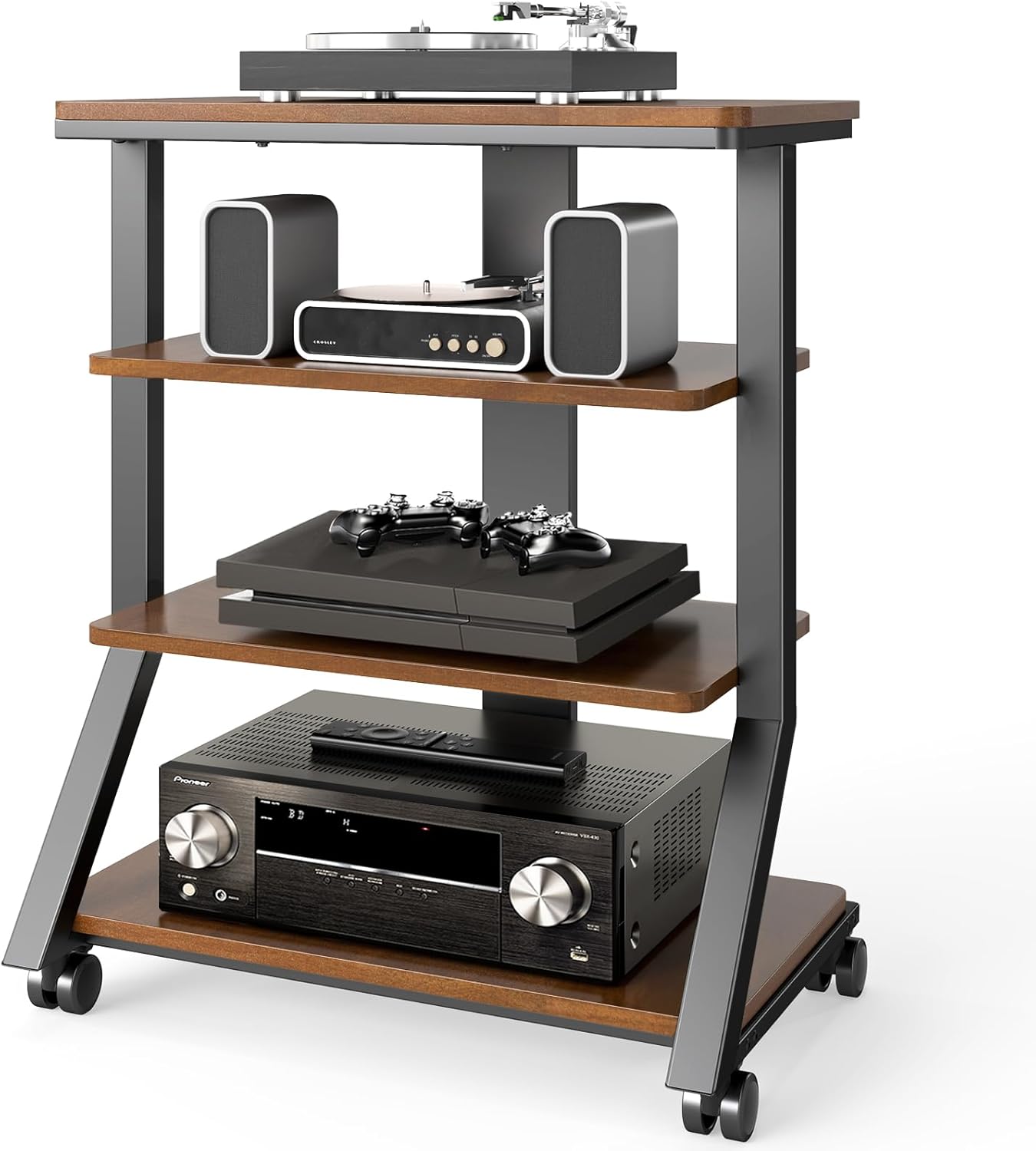 Rfiver 4-Tier AV Media Stand with Wheels, Mobile Rack Audio Tower with Height Adjustable Shelves, Wooden Stereo Racks and Stands, Stereo Stand for Record Player, TV Box, Corner Entertainment Center