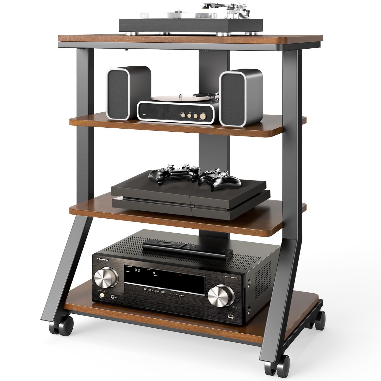 Rfiver 4-Tier AV Media Stand with Wheels, Mobile Rack Audio Tower with Height Adjustable Shelves, Wooden Stereo Racks and Stands, Stereo Stand for