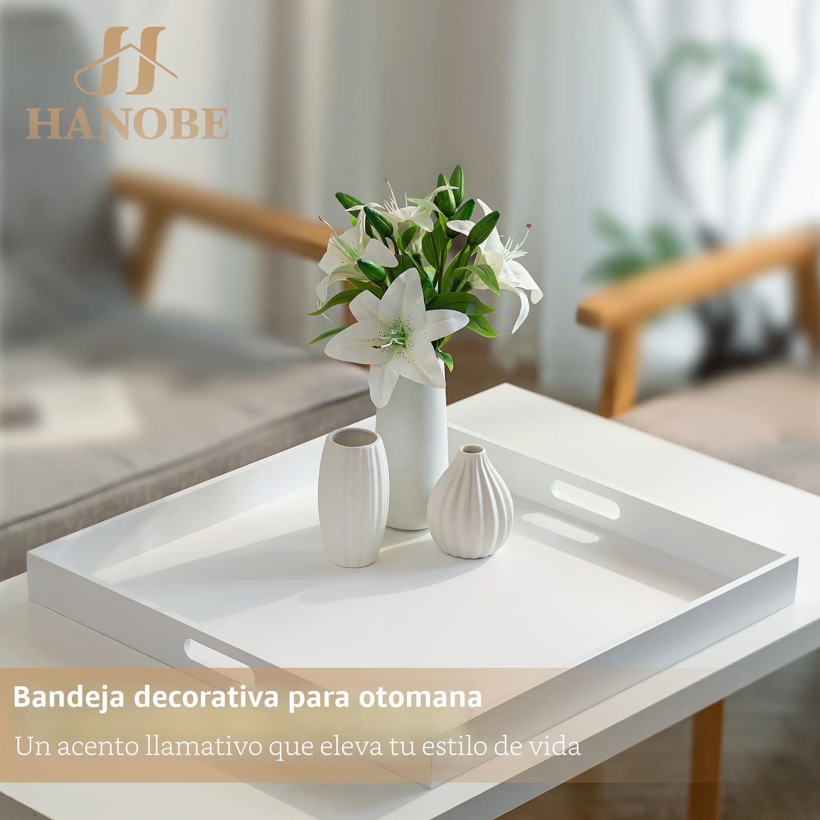 Hanobe Bandeja otomana cuadrada grande: modernas bandejas decorativas extragrandes blancas con asas recortadas para sala de estar, mesa de café, hogar, 20 pulgadas