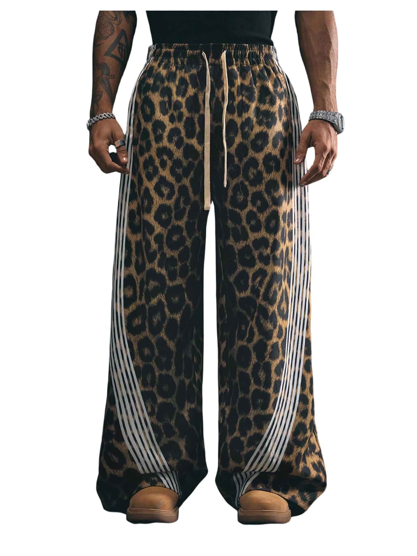 Verdusa Men's Baggy Cheetah Pants Wide Leg Barrel Y2K Pants Streetwear Leopard Pants, Slant Pockets, Striped Athletic Pants, Grunge, Loung Pants Men