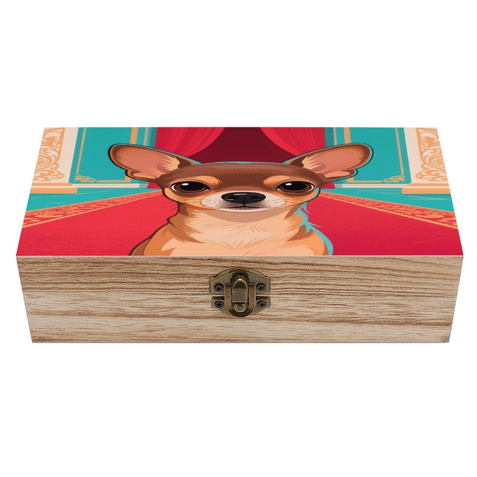 VstaDank Chihuahua Wooden Storage Box Vintage Style Wooden Storage Case with A Hinged Lid Memory Treasure Boxes Decorative Jewelny Photos for Organizer 7.9 * 3.7 * 2.3 Inch
