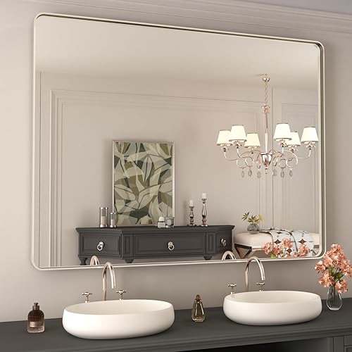 WEER Espejo de baño de níquel cepillado de 48 x 36 pulgadas, marco de metal plateado cepillado, espejo rectangular redondeado de baño plateado,