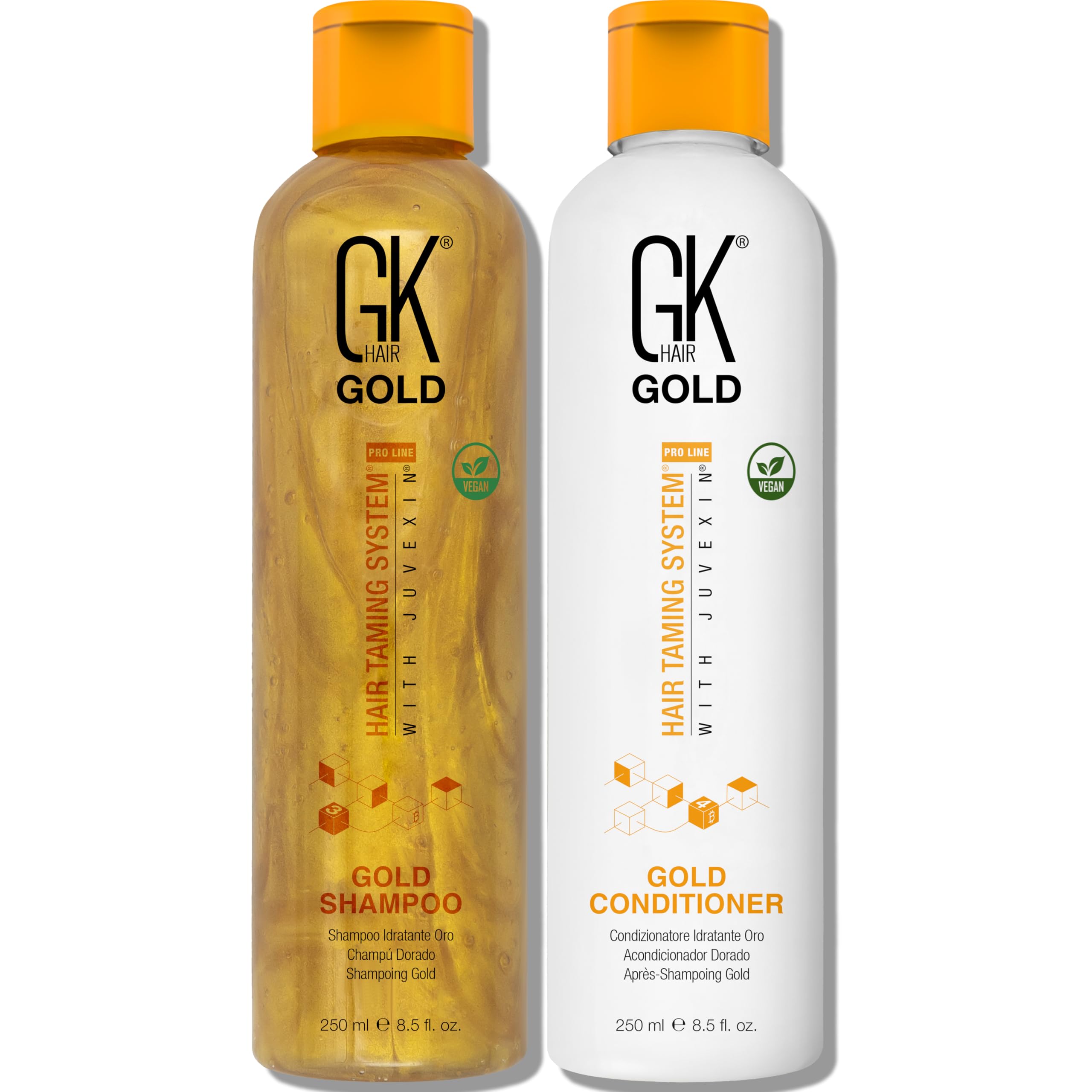 GK Hair Gold Shampoo & Balsamo 250 ml – Uso Quotidiano, con Cheratina, Olio di Argan, Aloe Vera e Burro di Karité – Idrata, Lucida e Riduce il Crespo per Capelli Secchi