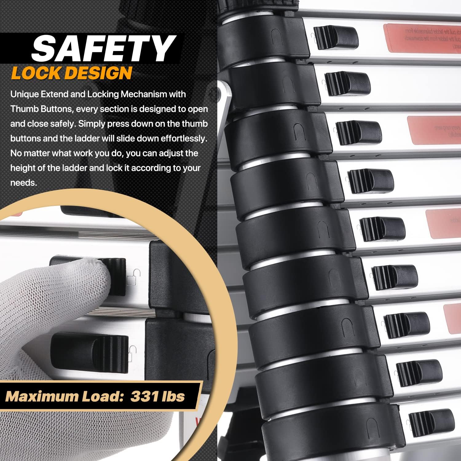 MoNiBloom 10.2Ft A-Frame Telescoping Ladder Portable Folding Compact Multi-Purpose Adjustable Ladder with Anti-Slip Foot and Safety Lock, 331lbs Max Capacity