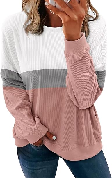 KISSMODA Womens Casual Long Sleeve Sweatshirts Color Block/Solid Tops Corduroy Crewneck Tunic Pullover with Pockets