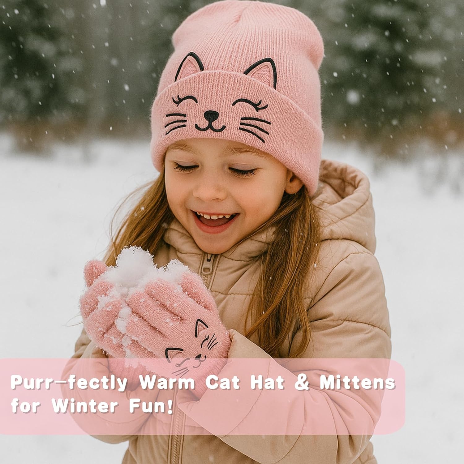 BEARAE Girls Hat and Gloves Set, Cute Cat Kids Winter Beanie Hat Gloves, Knitted Skiing Beanies Hats for Girls Kids 3-12T - Image 6