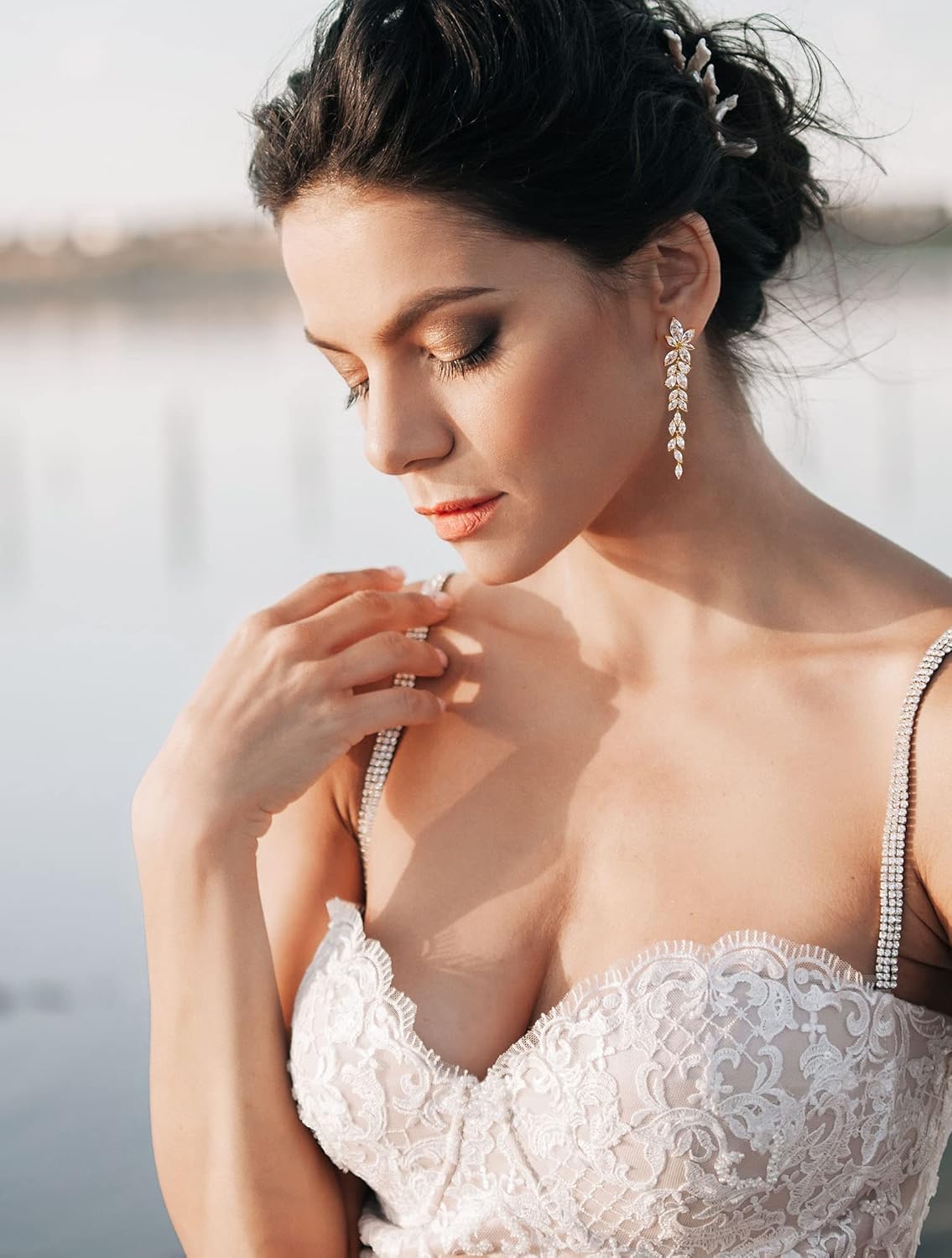 SWEETV Marquise Cubic Zirconia Wedding Earrings for Women Brides, Crystal Chandelier Bridal Drop Earrings for Prom Pageant