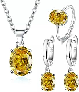 Conjunto de Collar, Pendientes y Anillos de circonita Ovalada de Plata 925 para Mujer, 5 Colores: Amarillo