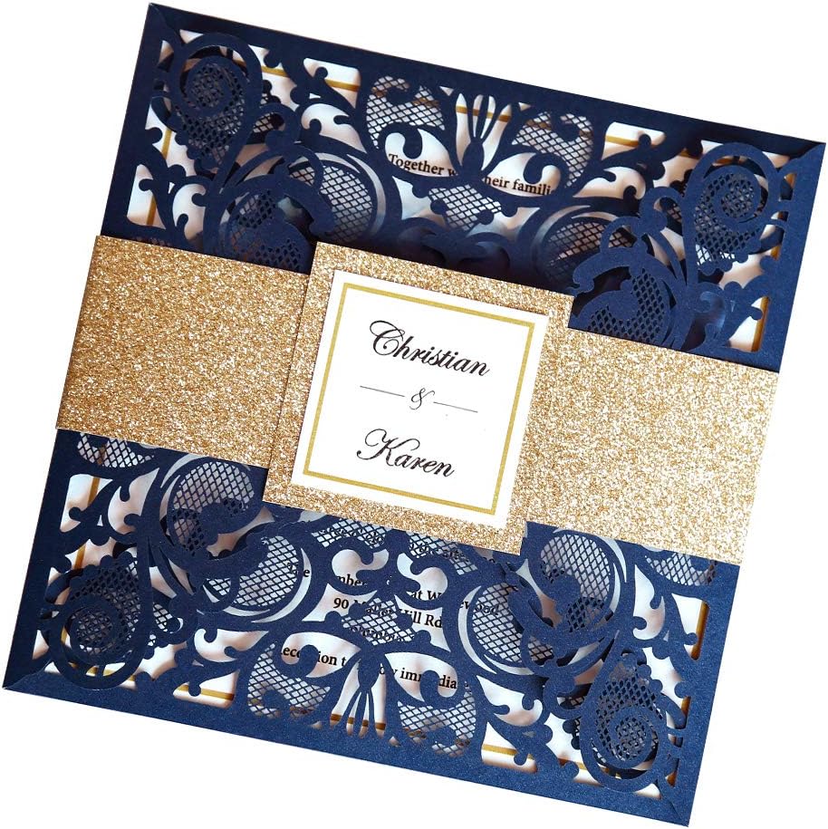 6.3 X 6.3 Inch 50PCS Blank Navy Blue Laser Cut Wedding Invitations With Envelopes Kit And Gold Glitter Belly Band Wedding Invitation Cards For Wedding invite