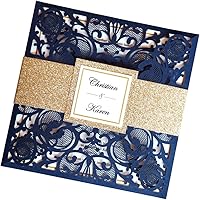 Vista 13 de Tarjetas de invitaciones de boda cuadradas de 6.3 x 6.3 pulgadas, corte calado mediante láser, diseño floral, con banda dorada y sobres blancos