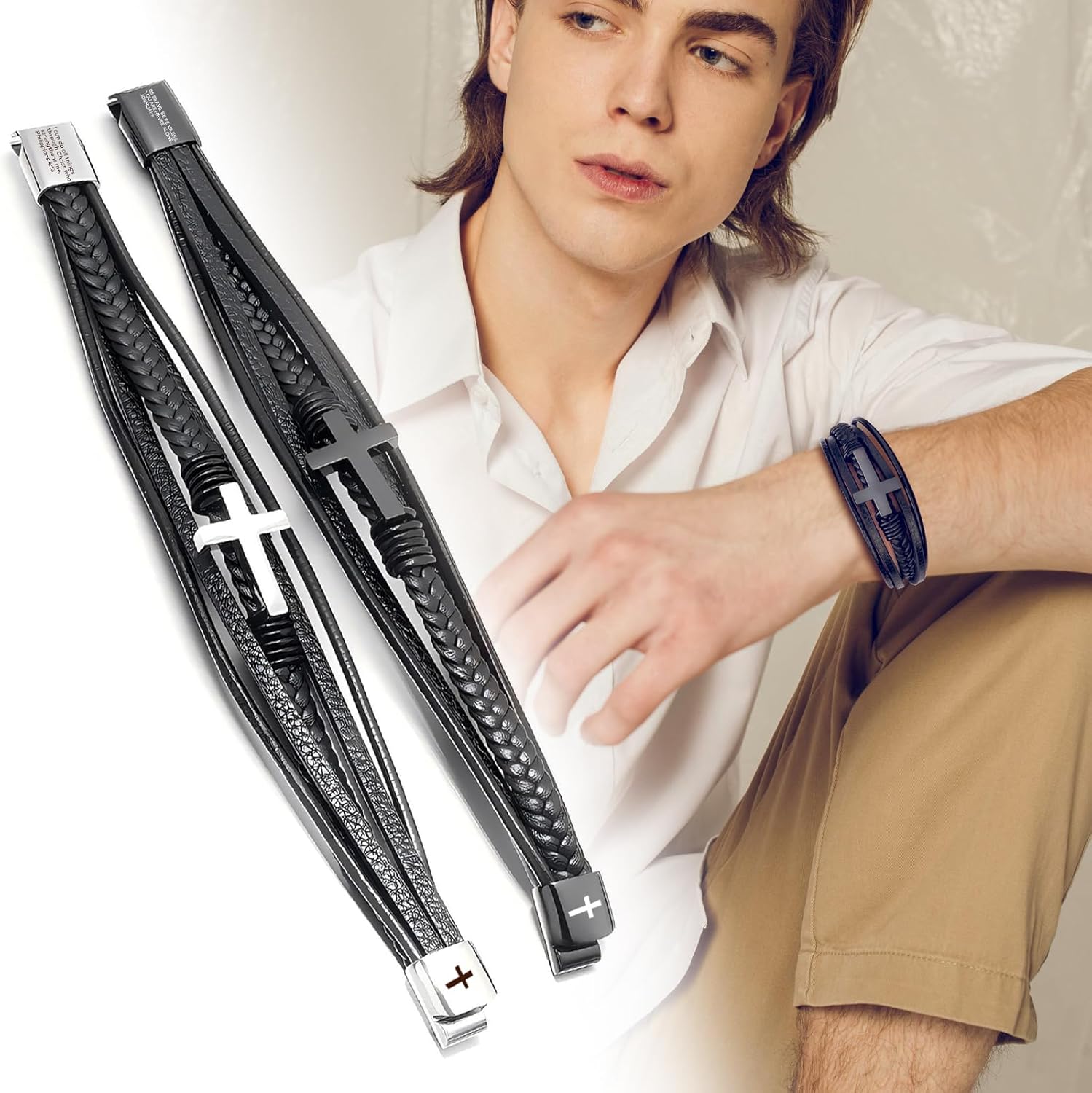 Men's Leather Faith Cross Bracelet, Multi-Layer Braided Leather Bracelets, Jesus Catholic Christian Religious Jewelry Gift for Dad,Friends,Brother - Image 3