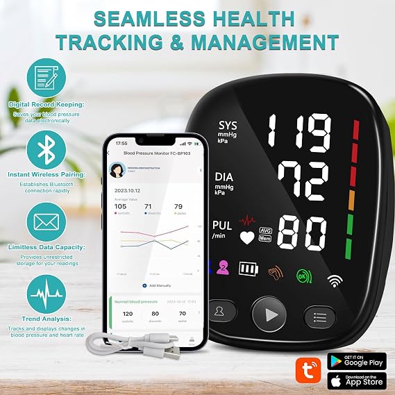 Bluetooth Blood Pressure Monitor for Home Use Adjustable Upper Arm Cuff